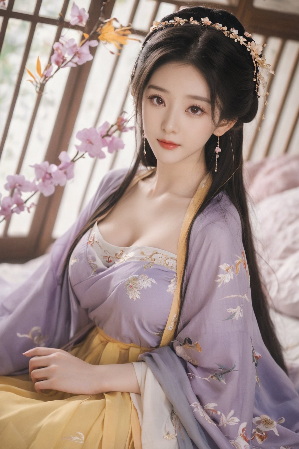 (masterpiece, best quality:1.2),1girl, solo, long hair, black hair,Hairpins,necklace, hair ornament, dress, full body, (huge breasts:2.29), (full breasts:1.69),flower, earrings, indoors, hair bun, (light purple|yellow dress:1.29),(Tube top Hanfu long skirt:1.1), pillow, bed, night, chinese clothes, table, branch,daxiushan, ,daxiushan style,(huge breasts:2.39), (full breasts:1.79), realistic,hanfu, daxiushan,Shoulders are exposed, , daxiushan, arien_hanfu, FilmGirl,,Xyunxiao,weijin_hanfu,Xningyudie