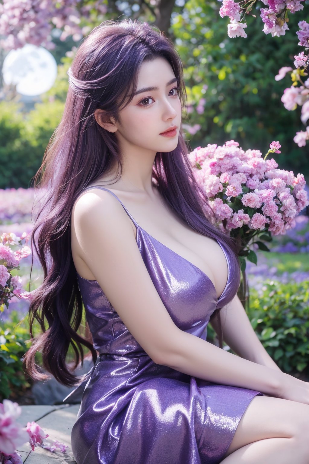 (masterpiece, best quality:1.2), highres, extremely detailed, 1 girl, purple hair, eye highlights,purple dress, frills, outdoors, flower, fluttering petals, full body, sitting,depth of field,pastel color, Depth of field,garden of the sun,shiny,flowers, garden, 1girl, butterfly style, butterflies, ultra detailed, glary,Light, light particles,glitter,reflect,,(big breasts:1.33),Xyunxiao,(full moon:1.23)