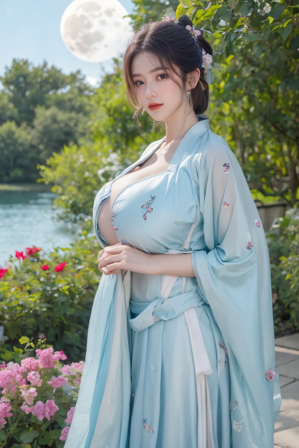 (masterpiece, best quality:1.2), highres, extremely detailed, 1girl, purple hair, eye highlights,BREAK,(light blue hanfu dress:1.39), frills, outdoors, flower, fluttering petals, upper body, depth of field,pastel color, Depth of field,(garden of the sun,shiny,flowers, garden, 1girl, butterfly style, butterflies:1.23), ultra detailed, glary,Light, light particles,glitter,reflect,(big breasts:1.69),Xyunxiao,(full moon:1.39),waterfall 