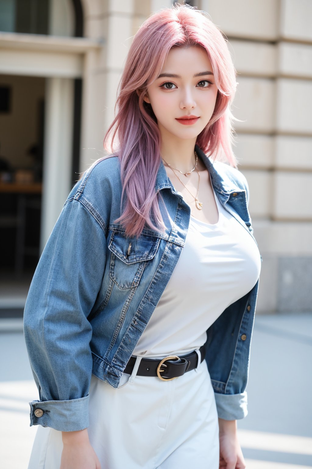 A young girl with vibrant pink hair and long locks framing her heart-shaped face. She gazes directly at the viewer, a warm smile spreading across her closed-mouthed lips. Her green eyes sparkle as she wears a white shirt with a jacket open to reveal a belt and necklace. A bag slung over her shoulder, she stands confidently, her denim jacket worn over a blue one, creating a sense of depth and texture in the blurred background.,Xyunxiao,(big breasts:1.79),Ziling