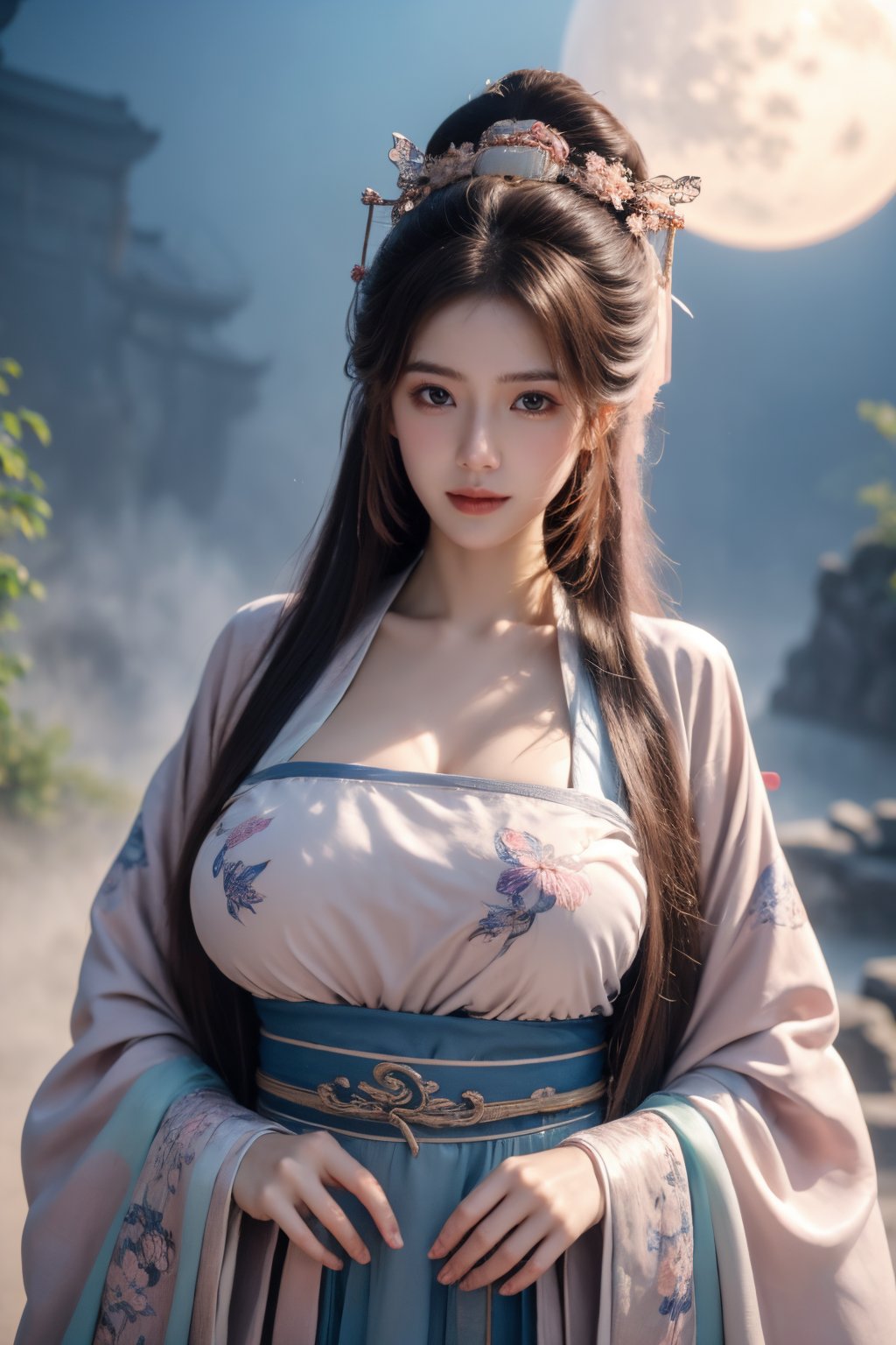 (masterpiece, best quality:1.2), highres, extremely detailed, 1girl, purple hair, eye highlights,BREAK,(light pink hanfu dress:1.39), frills, outdoors, flower, fluttering petals, upper body, depth of field,pastel color, Depth of field,(garden of the sun,shiny,flowers, garden, 1girl, butterfly style, butterflies:1.23), ultra detailed, glary,Light, light particles,glitter,reflect,(big breasts:1.69),Xyunxiao,(full moon:1.39),waterfall 