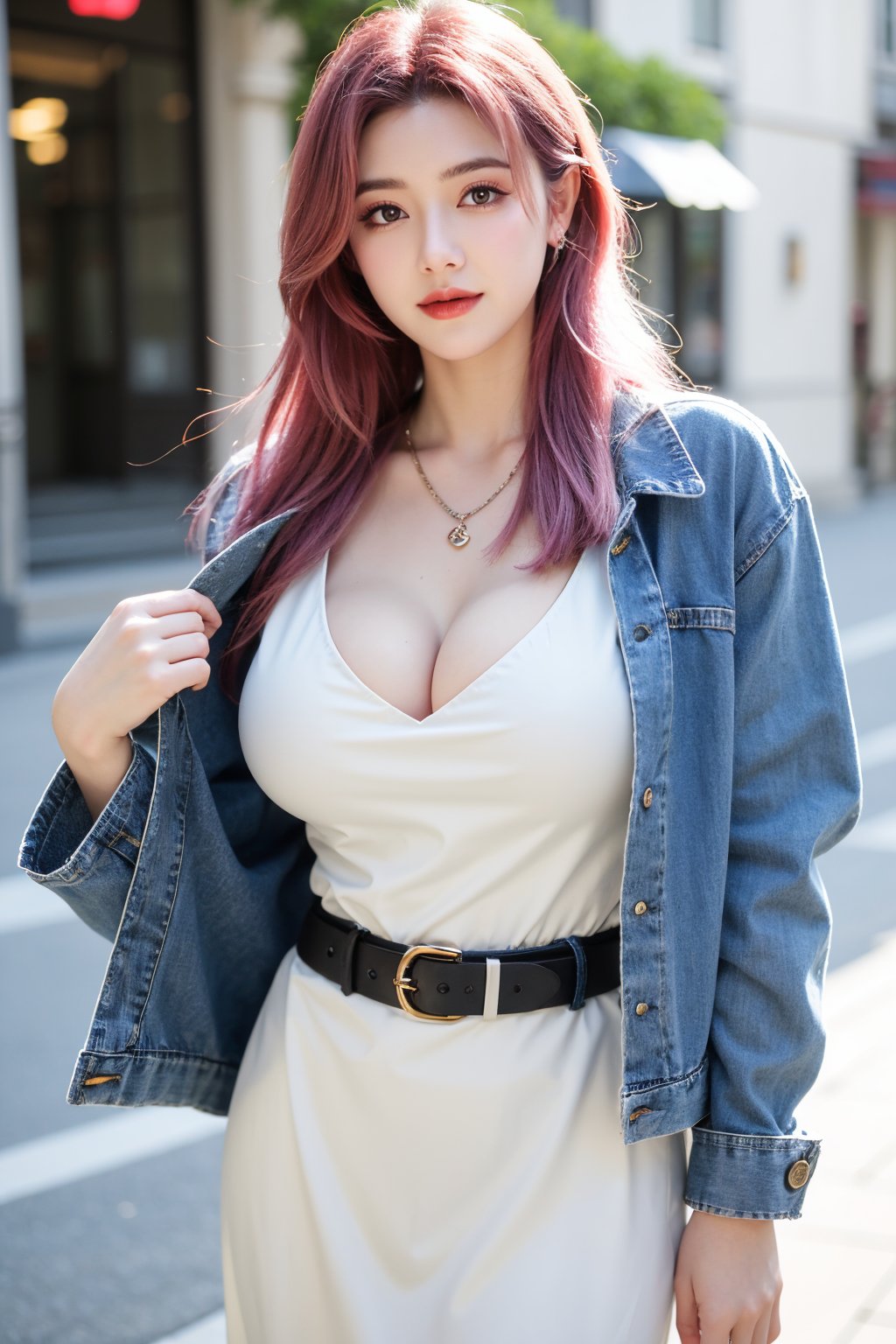 A young girl with vibrant pink hair and long locks framing her heart-shaped face. She gazes directly at the viewer, a warm smile spreading across her closed-mouthed lips. Her green eyes sparkle as she wears a white shirt with a jacket open to reveal a belt and necklace. A bag slung over her shoulder, she stands confidently, her denim jacket worn over a blue one, creating a sense of depth and texture in the blurred background.,Xyunxiao,(big breasts:1.69),Ziling