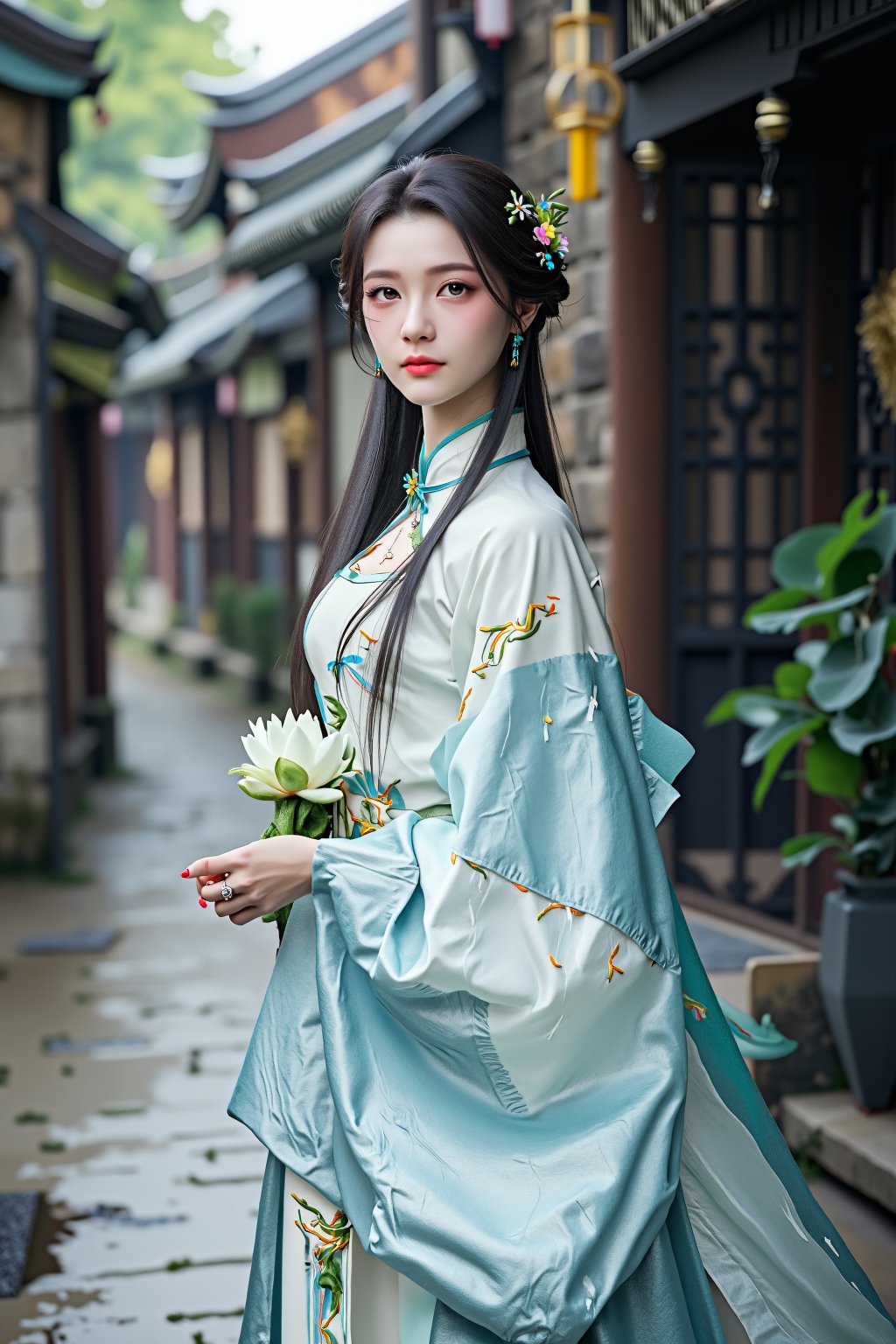 A school girl,solo ,XxiaoxunerX,(blue-white Hanfu dress), lotus, Yunnan ancient town street