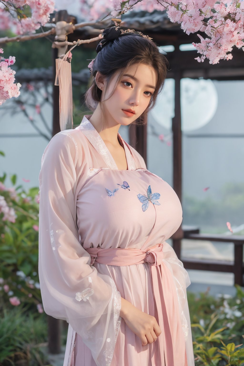 (masterpiece, best quality:1.2), highres, extremely detailed, 1girl, purple hair, eye highlights,BREAK,(light pink hanfu dress:1.39), frills, outdoors, flower, fluttering petals, upper body, depth of field,pastel color, Depth of field,(garden of the sun,shiny,flowers, garden, 1girl, butterfly style, butterflies:1.23), ultra detailed, glary,Light, light particles,glitter,reflect,(big breasts:1.69),Xyunxiao,(full moon:1.39),waterfall 