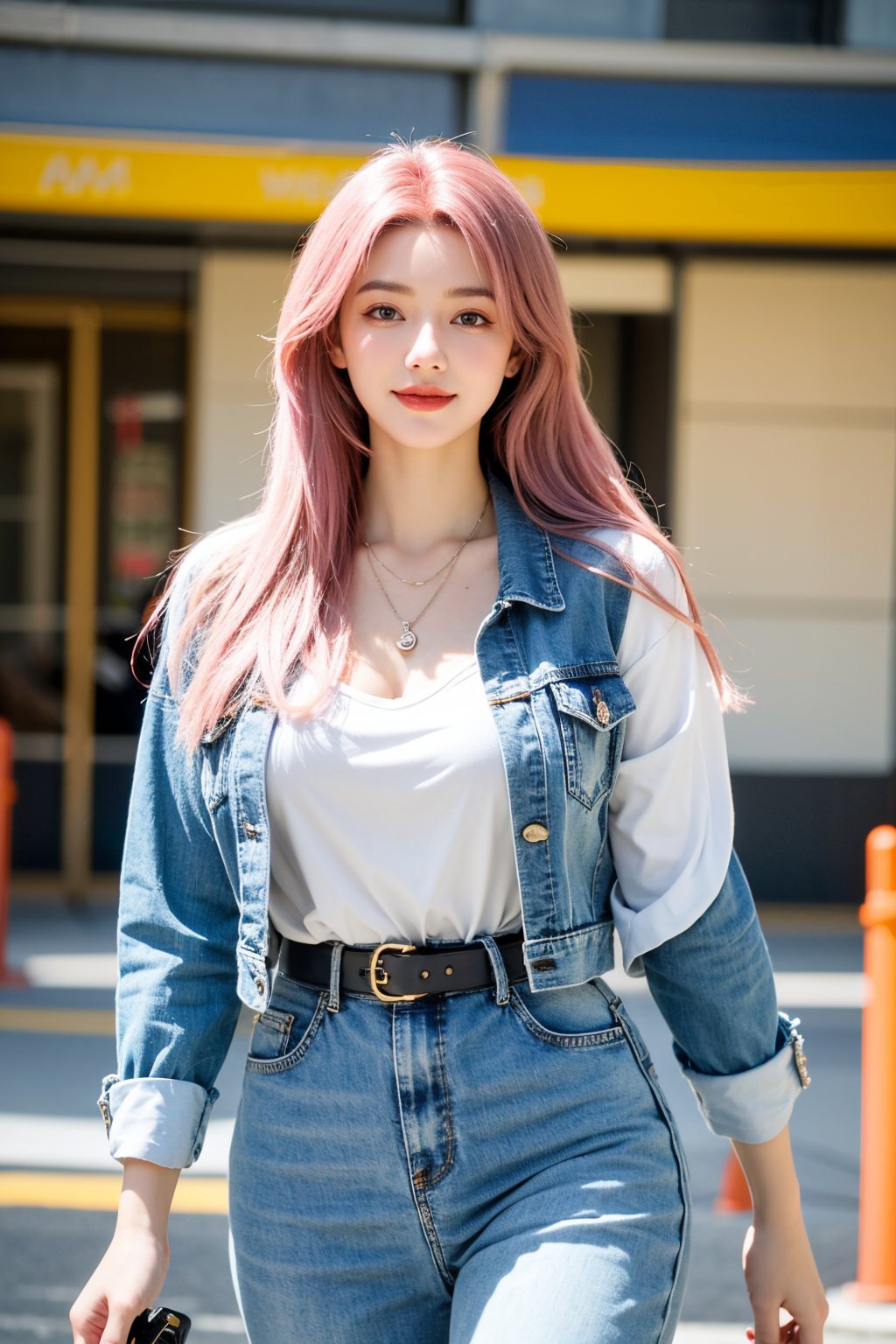 A young woman with vibrant pink hair and long locks framing her heart-shaped face. She gazes directly at the viewer, a warm smile spreading across her closed-mouthed lips. Her green eyes sparkle as she wears a white shirt with a jacket open to reveal a belt and necklace. A bag slung over her shoulder, she stands confidently, her denim jacket worn over a blue one, creating a sense of depth and texture in the blurred background.,Xyunxiao,(big breasts:1.39),