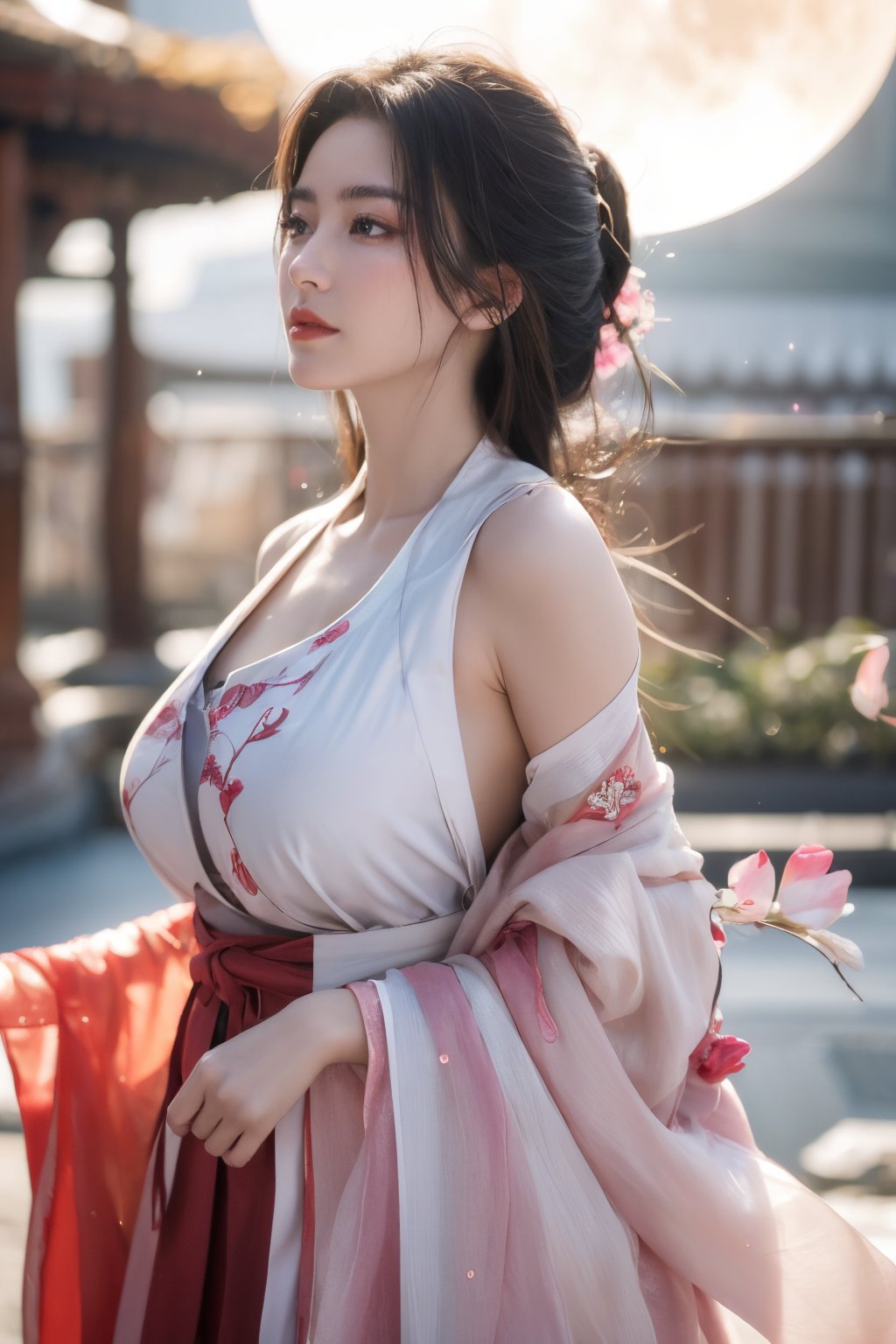 (masterpiece, best quality:1.2), highres, extremely detailed, 1 girl, very long hair, eye highlights,
BREAK,
(red hanfu dress:1.39), frills, outdoors, flower, fluttering petals, pefect body, depth of field,pastel color, Depth of field,garden of the sun,shiny,flowers, garden, 1girl, (butterfly style, butterflies:1.2), ultra detailed, glary,Light, light particles,glitter,reflect,,(big breasts:1.62),Xyunxiao,(full moon:1.39),