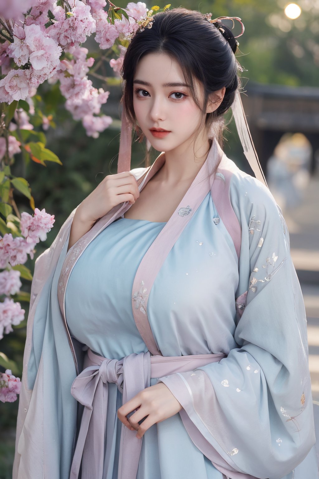 (masterpiece, best quality:1.2), highres, extremely detailed, 1 girl, purple hair, eye highlights,BREAK,(light color hanfu dress:1.39), frills, outdoors, flower, fluttering petals, upper body, depth of field,pastel color, Depth of field,garden of the sun,shiny,flowers, garden, 1girl, butterfly style, butterflies, ultra detailed, glary,Light, light particles,glitter,reflect,,(big breasts:1.68),Xyunxiao,(full moon:1.29),waterfall 