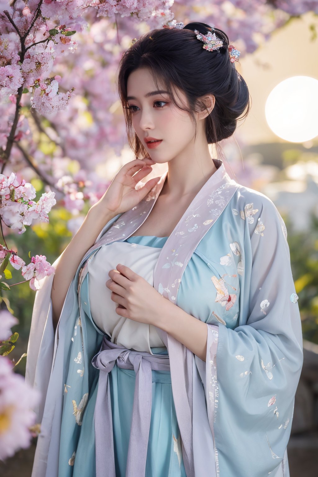 (masterpiece, best quality:1.2), highres, extremely detailed, 1girl, purple hair, eye highlights,BREAK,(light color hanfu dress:1.39), frills, outdoors, flower, fluttering petals, upper body, depth of field,pastel color, Depth of field,(garden of the sun,shiny,flowers, garden, 1girl, butterfly style, butterflies:1.23), ultra detailed, glary,Light, light particles,glitter,reflect,(big breasts:1.69),Xyunxiao,(full moon:1.39),waterfall 