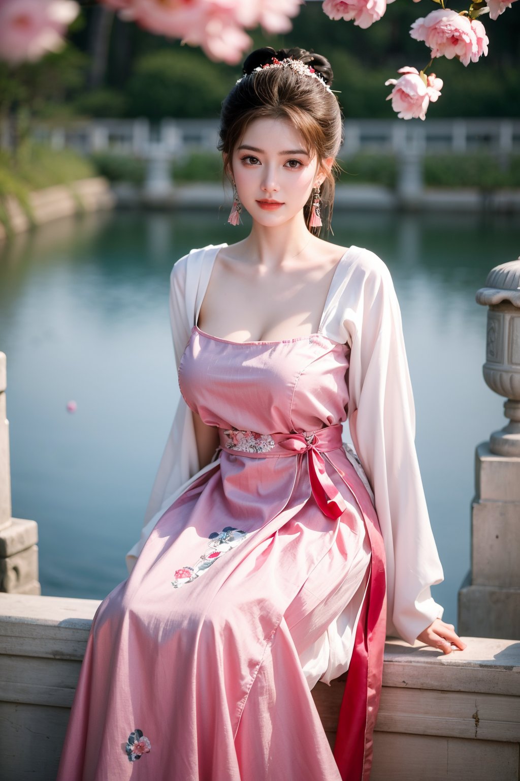 Masterpiece, Best Quality,young and beautiful Chinese girl wearing a cheongsam with coiled hair,wearing vintage Chinese earrings, (big breasts:1.45),1girl, half, (Masterpiece:1.2), best quality,arien_hanfu, 1girl, (spring scene:1.59), (red hanfu dress:1.29),looking_at_viewer, (big breasts:1.69),Young beauty spirit,(The background is the Forbidden City1.39),Xyunxiao,(Large aperture, blurred background, spring scene, peony flowers:1.39)