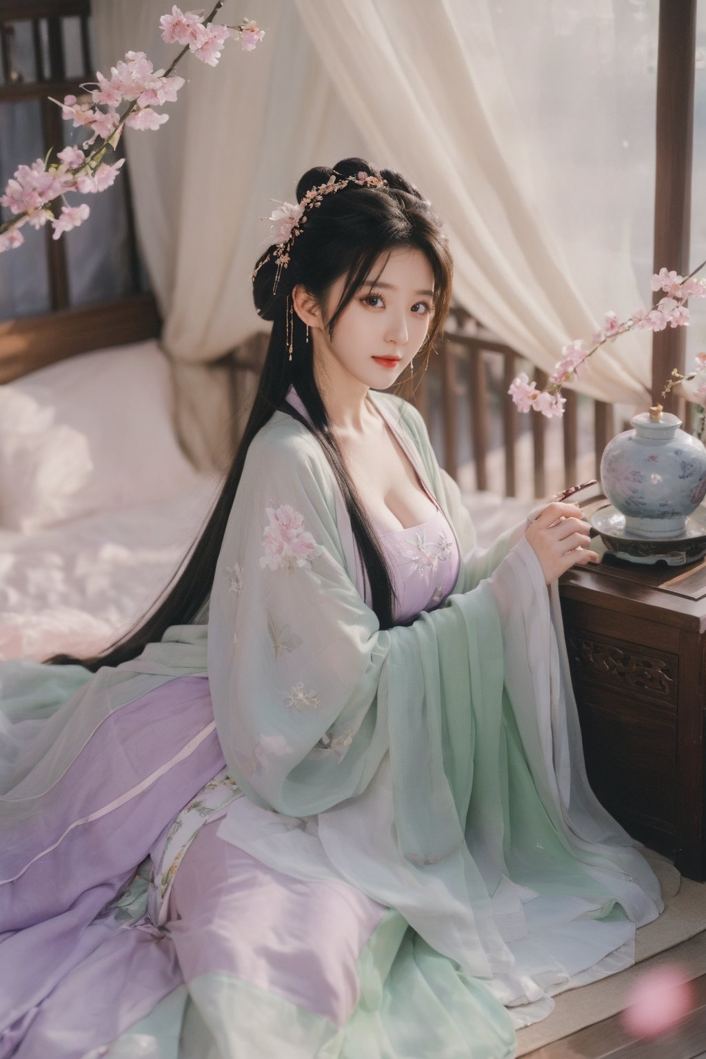 (masterpiece, best quality:1.2),1girl, solo, long hair, black hair,Hairpins,necklace, hair ornament, dress, full body, (huge breasts:2.19), (full breasts:1.69),flower, earrings, indoors, hair bun, (light purple-green dress:1.29),(Tube top Hanfu long skirt:1.1), pillow, bed, night, chinese clothes, table, branch,daxiushan, ,daxiushan style,(huge breasts:2.39), (full breasts:1.79), realistic,hanfu, daxiushan,Shoulders are exposed, , daxiushan, arien_hanfu, FilmGirl,,Xyunxiao,weijin_hanfu,Xningyudie