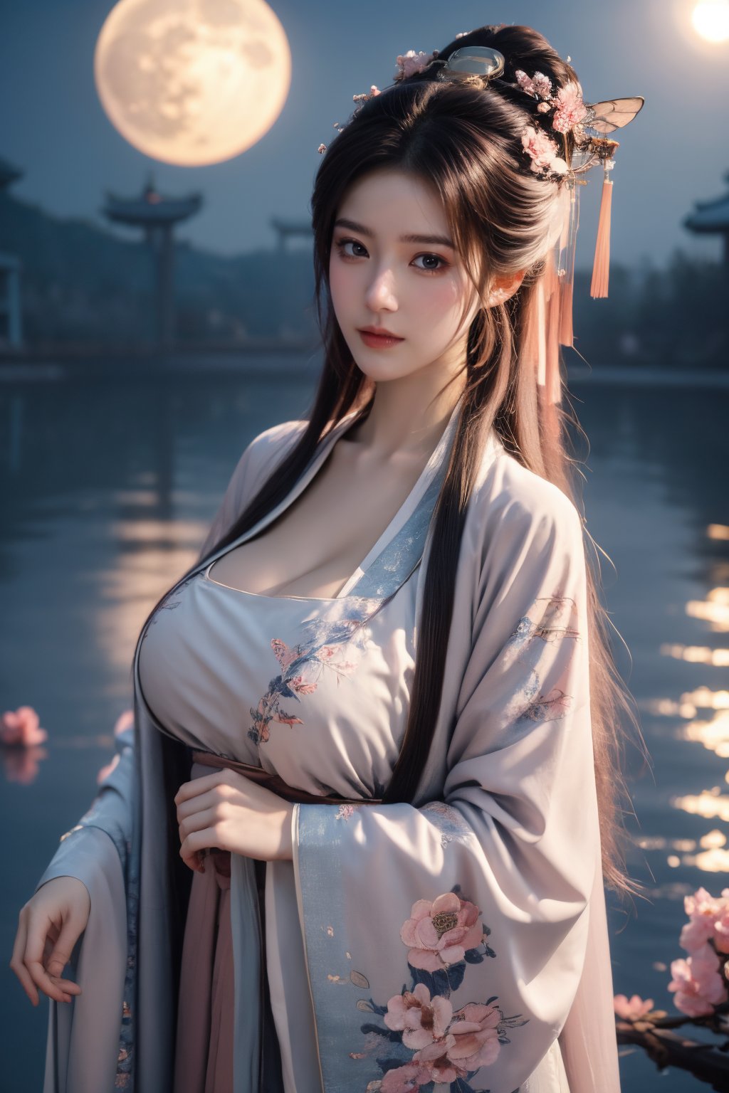 (masterpiece, best quality:1.2), highres, extremely detailed, 1girl, purple hair, eye highlights,BREAK,(light pink hanfu dress:1.39), frills, outdoors, flower, fluttering petals, upper body, depth of field,pastel color, Depth of field,(garden of the sun,shiny,flowers, garden, 1girl, butterfly style, butterflies:1.23), ultra detailed, glary,Light, light particles,glitter,reflect,(big breasts:1.69),Xyunxiao,(full moon:1.39),waterfall 