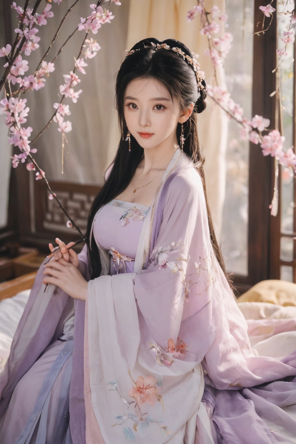 (masterpiece, best quality:1.2),1girl, solo, long hair, black hair,Hairpins,necklace, hair ornament, dress, full body, (huge breasts:2.29), (full breasts:1.69),flower, earrings, indoors, hair bun, (light purple-yellow dress:1.29),(Tube top Hanfu long skirt:1.1), pillow, bed, night, chinese clothes, table, branch,daxiushan, ,daxiushan style,(huge breasts:2.39), (full breasts:1.79), realistic,hanfu, daxiushan,Shoulders are exposed, , daxiushan, arien_hanfu, FilmGirl,,Xyunxiao,weijin_hanfu,Xningyudie