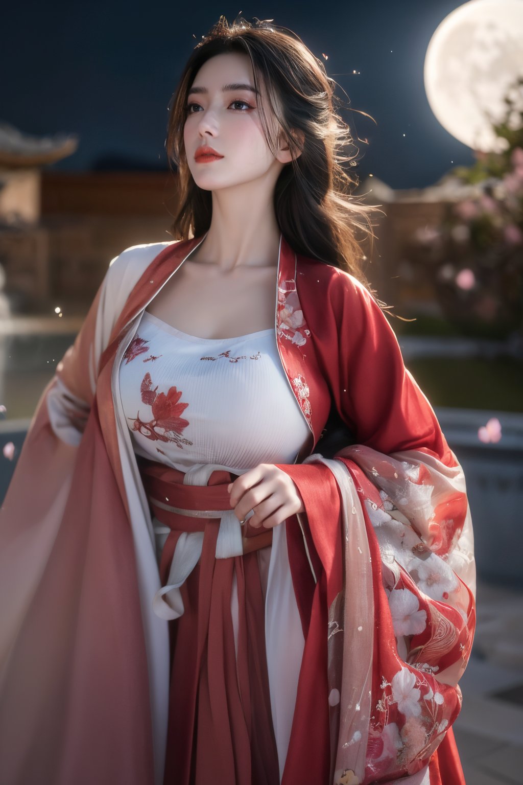 (masterpiece, best quality:1.2), highres, extremely detailed, 1 girl, very long hair, eye highlights,
BREAK,
(red hanfu dress:1.39), frills, outdoors, flower, fluttering petals, pefect body, depth of field,pastel color, Depth of field,garden of the sun,shiny,flowers, garden, 1girl, (butterfly style, butterflies:1.23), ultra detailed, glary,Light, light particles,glitter,reflect,,(big breasts:1.62),Xyunxiao,(full moon:1.39),