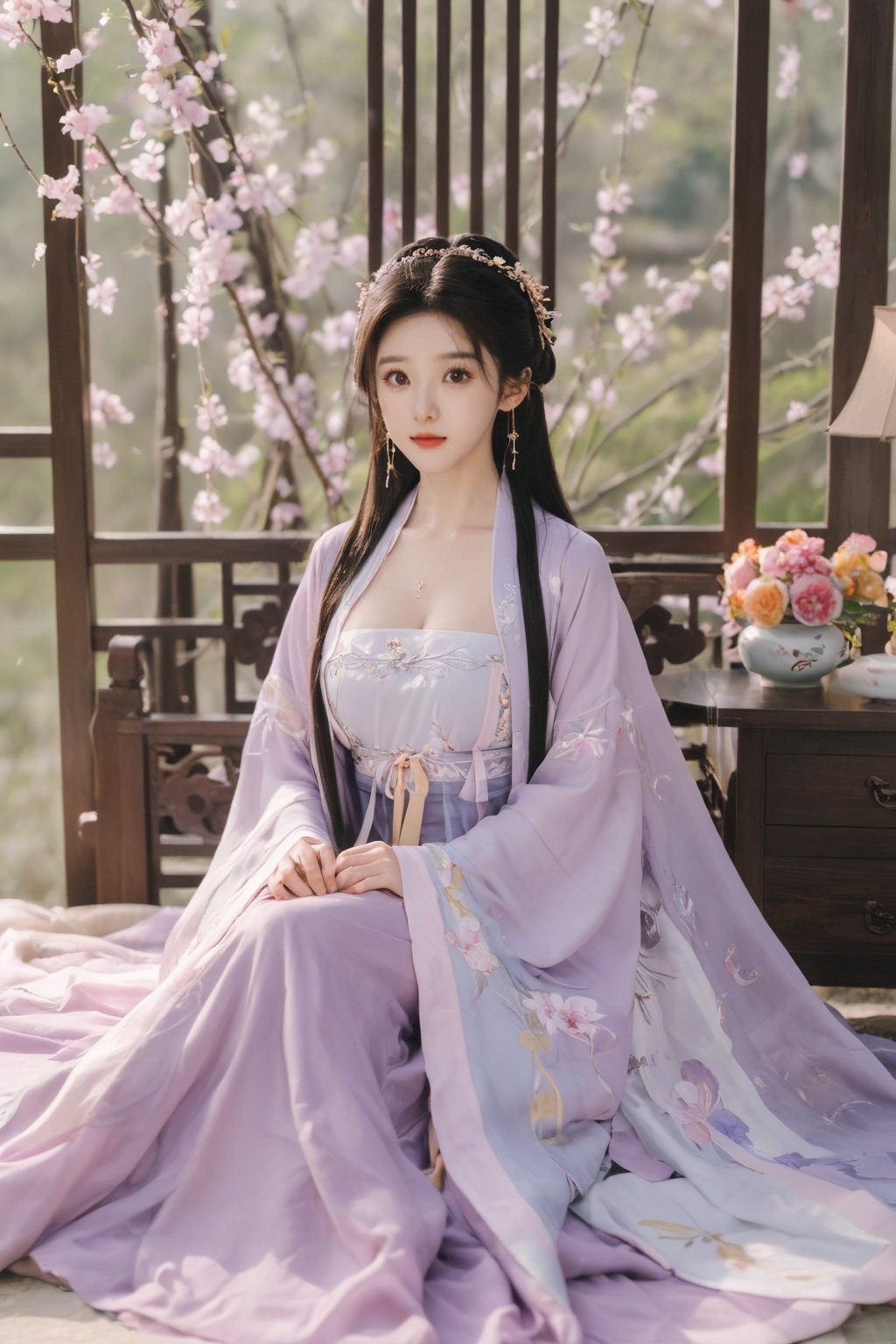 (masterpiece, best quality:1.2),1girl, solo, long hair, black hair,Hairpins,necklace, hair ornament, dress, full body, (huge breasts:2.29), (full breasts:1.69),flower, earrings, indoors, hair bun, (light purple-yellow dress:1.29),(Tube top Hanfu long skirt:1.1), pillow, bed, night, chinese clothes, table, branch,daxiushan, ,daxiushan style,(huge breasts:2.39), (full breasts:1.79), realistic,hanfu, daxiushan,Shoulders are exposed, , daxiushan, arien_hanfu, FilmGirl,,Xyunxiao,weijin_hanfu,Xningyudie