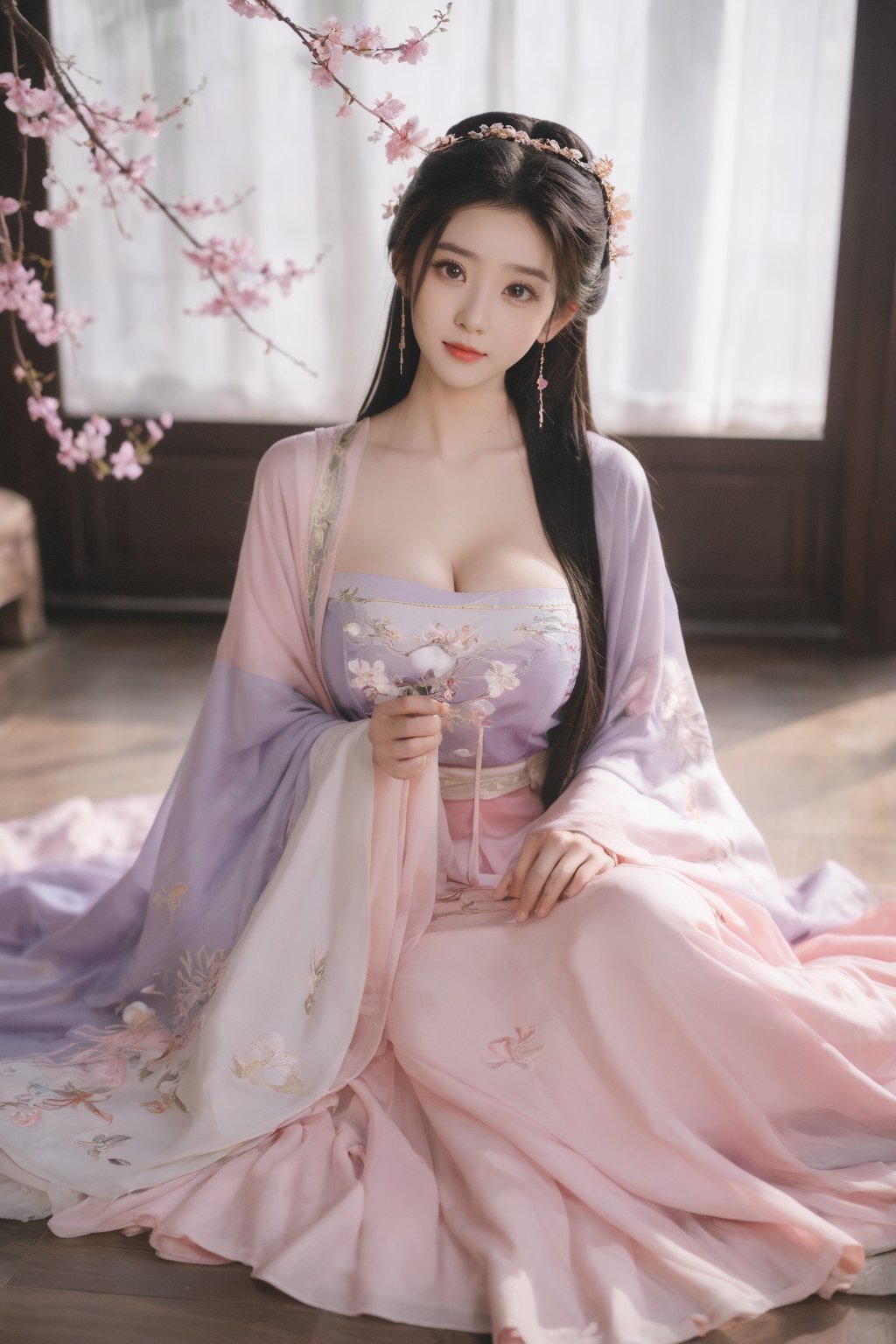 (masterpiece, best quality:1.2),1girl, solo, long hair, black hair,Hairpins,necklace, hair ornament, dress, full body, (huge breasts:2.29), (full breasts:1.69),flower, earrings, indoors, hair bun, (light purple-pink dress:1.29),(Tube top Hanfu long skirt:1.1), pillow, bed, night, chinese clothes, table, branch,daxiushan, ,daxiushan style,(huge breasts:2.39), (full breasts:1.79), realistic,hanfu, daxiushan,Shoulders are exposed, , daxiushan, arien_hanfu, FilmGirl,,Xyunxiao,weijin_hanfu,Xningyudie