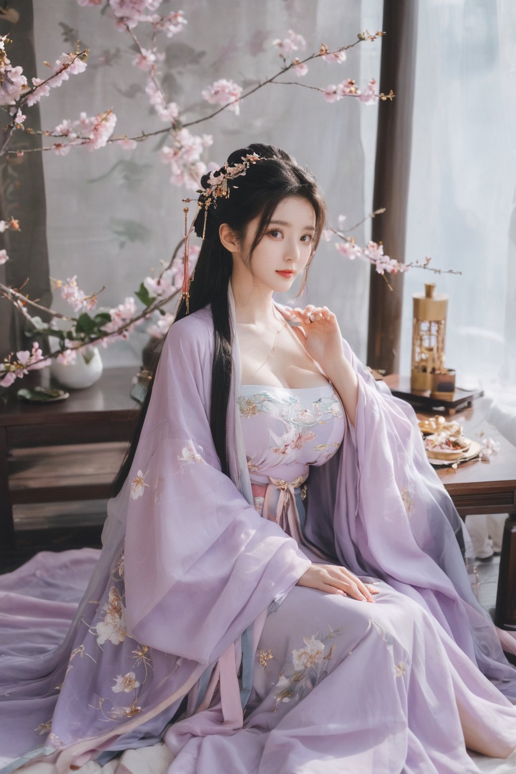 (masterpiece, best quality:1.2),1girl, solo, long hair, black hair,Hairpins,necklace, hair ornament, dress, full body, (huge breasts:2.29), (full breasts:1.69),flower, earrings, indoors, hair bun, (light purple-black dress:1.29),(Tube top Hanfu long skirt:1.1), pillow, bed, night, chinese clothes, table, branch,daxiushan, ,daxiushan style,(huge breasts:2.39), (full breasts:1.79), realistic,hanfu, daxiushan,Shoulders are exposed, , daxiushan, arien_hanfu, FilmGirl,,Xyunxiao,weijin_hanfu,Xningyudie