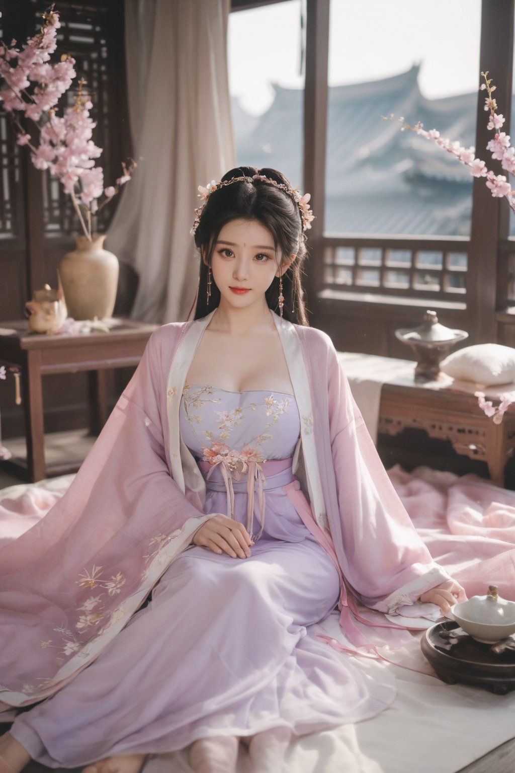 (masterpiece, best quality:1.2),1girl, solo, long hair, black hair,Hairpins,necklace, hair ornament, dress, full body, (huge breasts:2.29), (full breasts:1.69),flower, earrings, indoors, hair bun, (light purple-pink dress:1.29),(Tube top Hanfu long skirt:1.1), pillow, bed, night, chinese clothes, table, branch,daxiushan, ,daxiushan style,(huge breasts:2.39), (full breasts:1.79), realistic,hanfu, daxiushan,Shoulders are exposed, , daxiushan, arien_hanfu, FilmGirl,,Xyunxiao,weijin_hanfu,Xningyudie