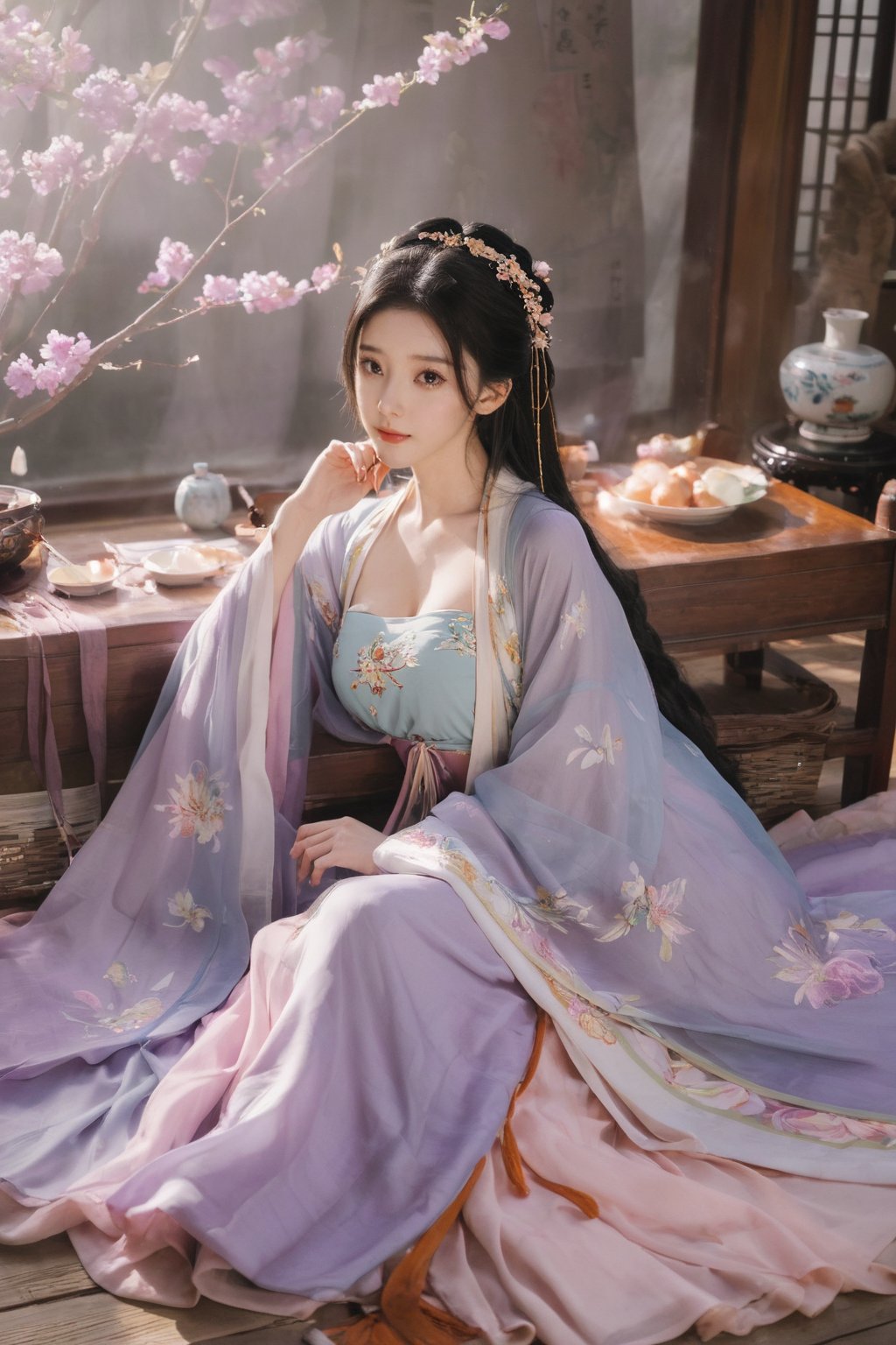 (masterpiece, best quality:1.2),1girl, solo, long hair, black hair,Hairpins,necklace, hair ornament, dress, full body, (huge breasts:2.29), (full breasts:1.69),flower, earrings, indoors, hair bun, (light purple-yellow dress:1.29),(Tube top Hanfu long skirt:1.1), pillow, bed, night, chinese clothes, table, branch,daxiushan, ,daxiushan style,(huge breasts:2.39), (full breasts:1.79), realistic,hanfu, daxiushan,Shoulders are exposed, , daxiushan, arien_hanfu, FilmGirl,,Xyunxiao,weijin_hanfu,Xningyudie