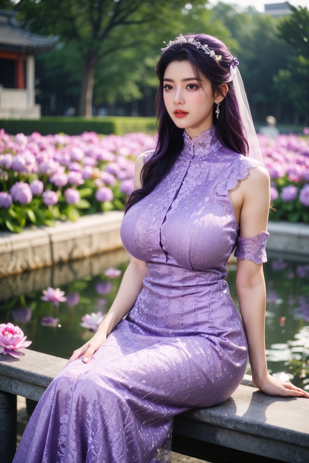 masterpiece,1girl,(mature female:0.5),tall body,golden proportions,(Kpop idol),(shiny skin:1.2),(oil skin:1.1),makeup,(close up),depth of field,(closed mouth:0.5),((long wavy purple hair)),(puffy eyes),(eyelashes:1.1),(parted lips:1.1),red lipstick,fantasy art style,dreamy light,(high neck purple wedding dress:1.59),(dark purple long wedding dress:1.39),(purple lace:1.36),(All clothes are purple:1.39),perfect body,(purple dreamy veil:1.3),(dusk:1.2),(princess shoes:1.1),(diamond necklace),(crystal hairpin),tyndall effect,highres,BREAK,(Sitting on a garden bench in a garden full of peony flowers, next to a lotus pond with ancient Chinese architecture in the background:1.49), (big breasts:2.33),(Lotus Pond,purple Flower:1.59)