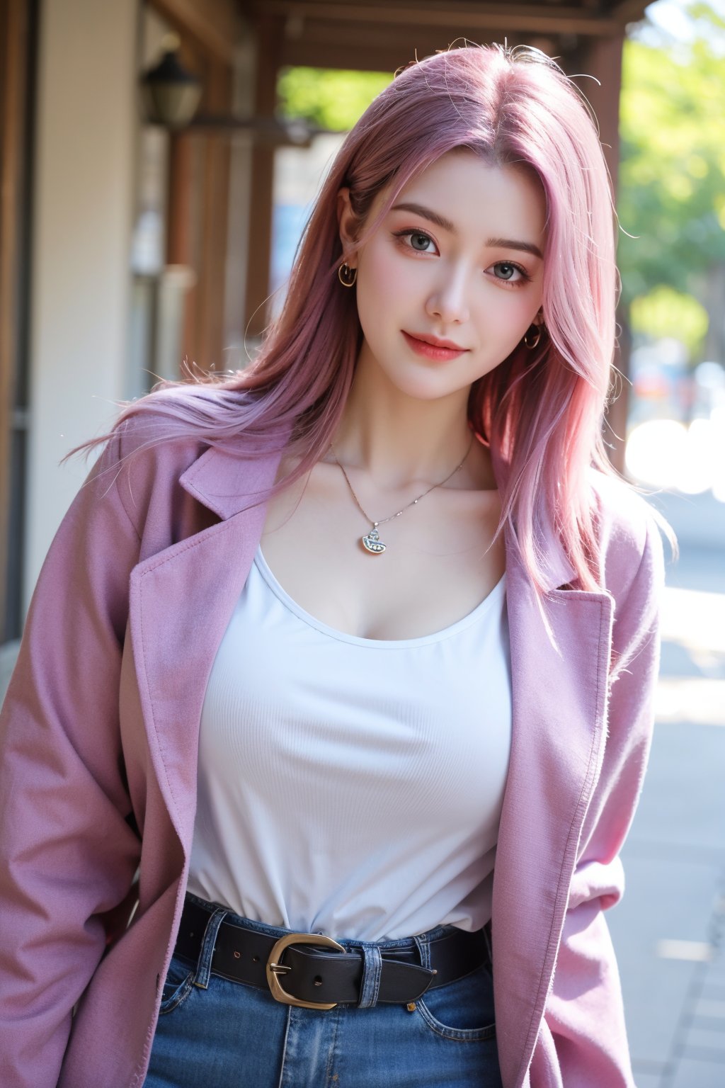 A young woman with vibrant pink hair and long locks framing her heart-shaped face. She gazes directly at the viewer, a warm smile spreading across her closed-mouthed lips. Her green eyes sparkle as she wears a white shirt with a jacket open to reveal a belt and necklace. A bag slung over her shoulder, she stands confidently, her denim jacket worn over a blue one, creating a sense of depth and texture in the blurred background.,Xyunxiao,(big breasts:1.59),Ziling