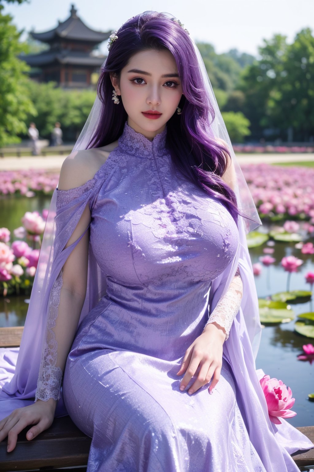 masterpiece,1girl,(mature female:0.5),tall body,golden proportions,(Kpop idol),(shiny skin:1.2),(oil skin:1.1),makeup,(close up),depth of field,(closed mouth:0.5),((long wavy purple hair)),(puffy eyes),(eyelashes:1.1),(parted lips:1.1),red lipstick,fantasy art style,dreamy light,(high neck purple wedding dress:1.59),(dark purple long wedding dress:1.39),(purple lace:1.36),(All clothes are purple:1.39),perfect body,(purple dreamy veil:1.3),(dusk:1.2),(princess shoes:1.1),(diamond necklace),(crystal hairpin),tyndall effect,highres,BREAK,(Sitting on a garden bench in a garden full of peony flowers, next to a lotus pond with ancient Chinese architecture in the background:1.49), (big breasts:2.33),(Lotus Pond,purple Flower:1.59), Yunxiao_Fairy