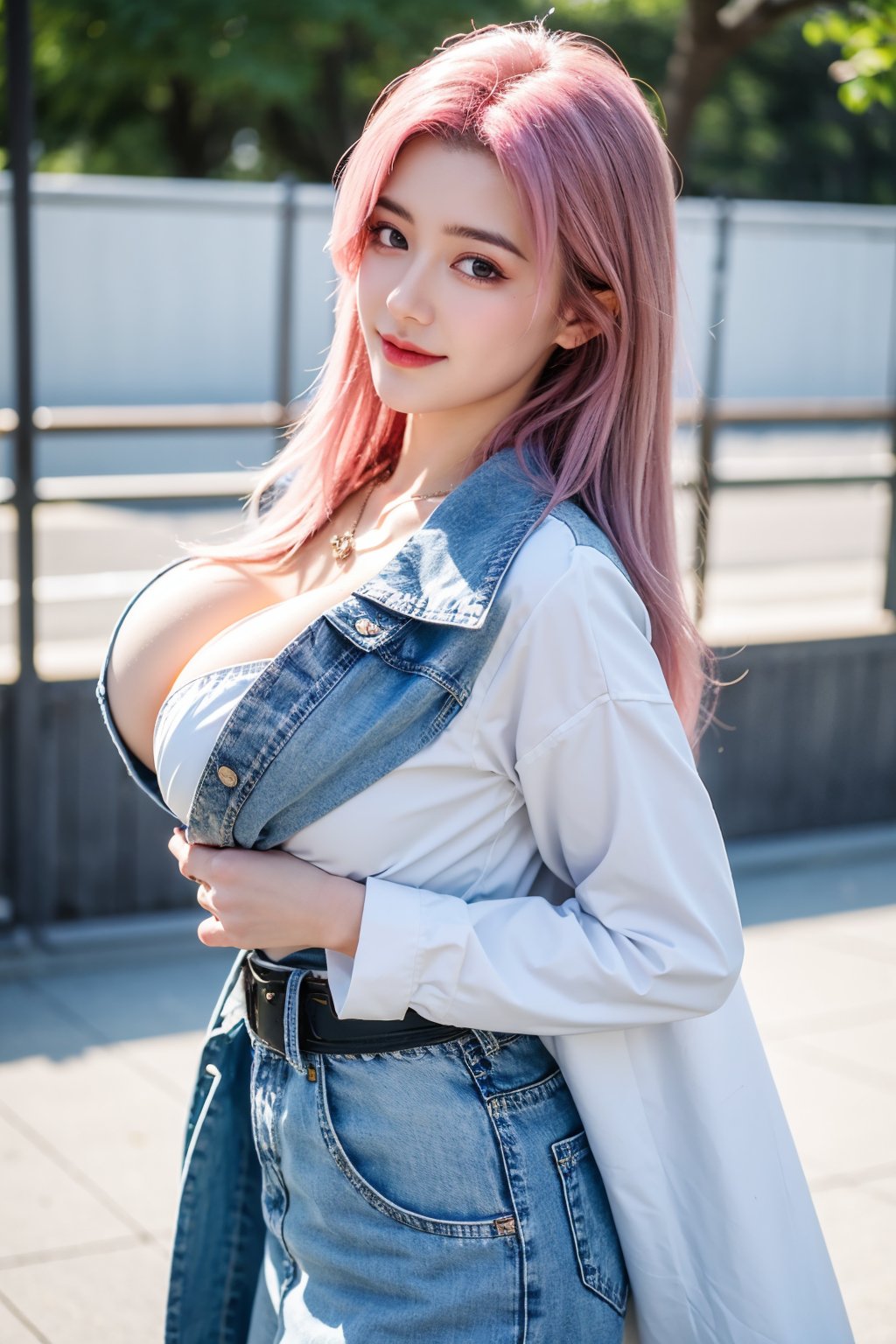 A young girl with vibrant pink hair and long locks framing her heart-shaped face. She gazes directly at the viewer, a warm smile spreading across her closed-mouthed lips. Her green eyes sparkle as she wears a white shirt with a jacket open to reveal a belt and necklace. A bag slung over her shoulder, she stands confidently, her denim jacket worn over a blue one, creating a sense of depth and texture in the blurred background.,Xyunxiao,(big breasts:1.59),Ziling