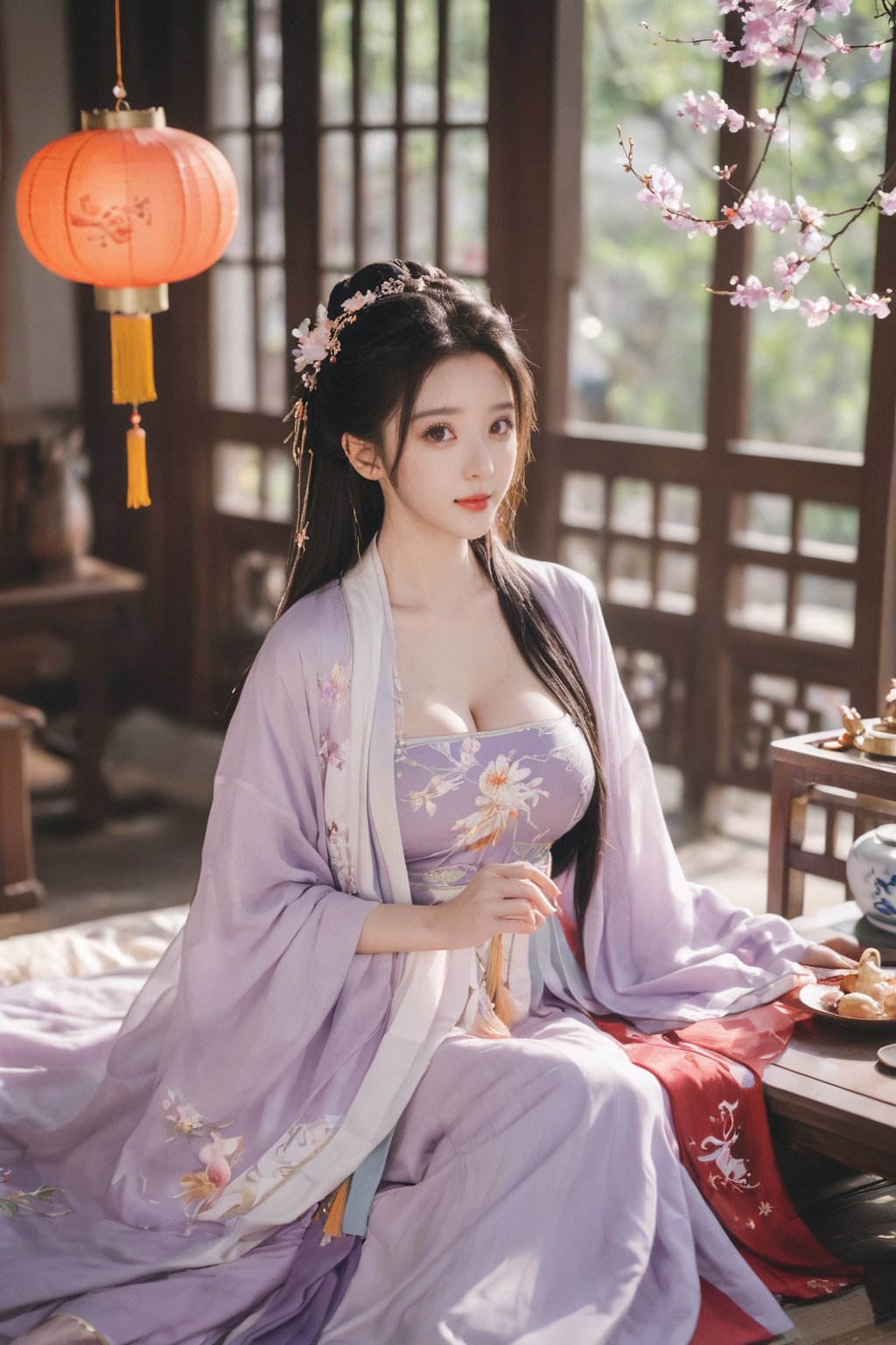 (masterpiece, best quality:1.2),1girl, solo, long hair, black hair,Hairpins,necklace, hair ornament, dress, full body, (huge breasts:2.29), (full breasts:1.69),flower, earrings, indoors, hair bun, (light purple-yellow dress:1.29),(Tube top Hanfu long skirt:1.1), pillow, bed, night, chinese clothes, table, branch,daxiushan, ,daxiushan style,(huge breasts:2.39), (full breasts:1.79), realistic,hanfu, daxiushan,Shoulders are exposed, , daxiushan, arien_hanfu, FilmGirl,,Xyunxiao,weijin_hanfu,Xningyudie