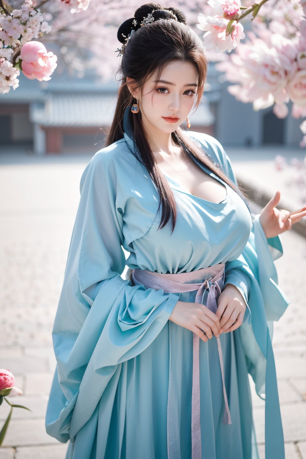 Masterpiece, Best Quality,young and beautiful Chinese girl wearing a cheongsam with coiled hair,wearing vintage Chinese earrings, (big breasts:1.45),1girl, half, (Masterpiece:1.2), best quality,arien_hanfu, 1girl, (spring scene:1.59), (light blue hanfu dress:1.29),looking_at_viewer, (big breasts:1.69),Young beauty spirit,(The background is the Forbidden City1.39),Xyunxiao,(Large aperture, blurred background, spring scene, peony flowers:1.39)