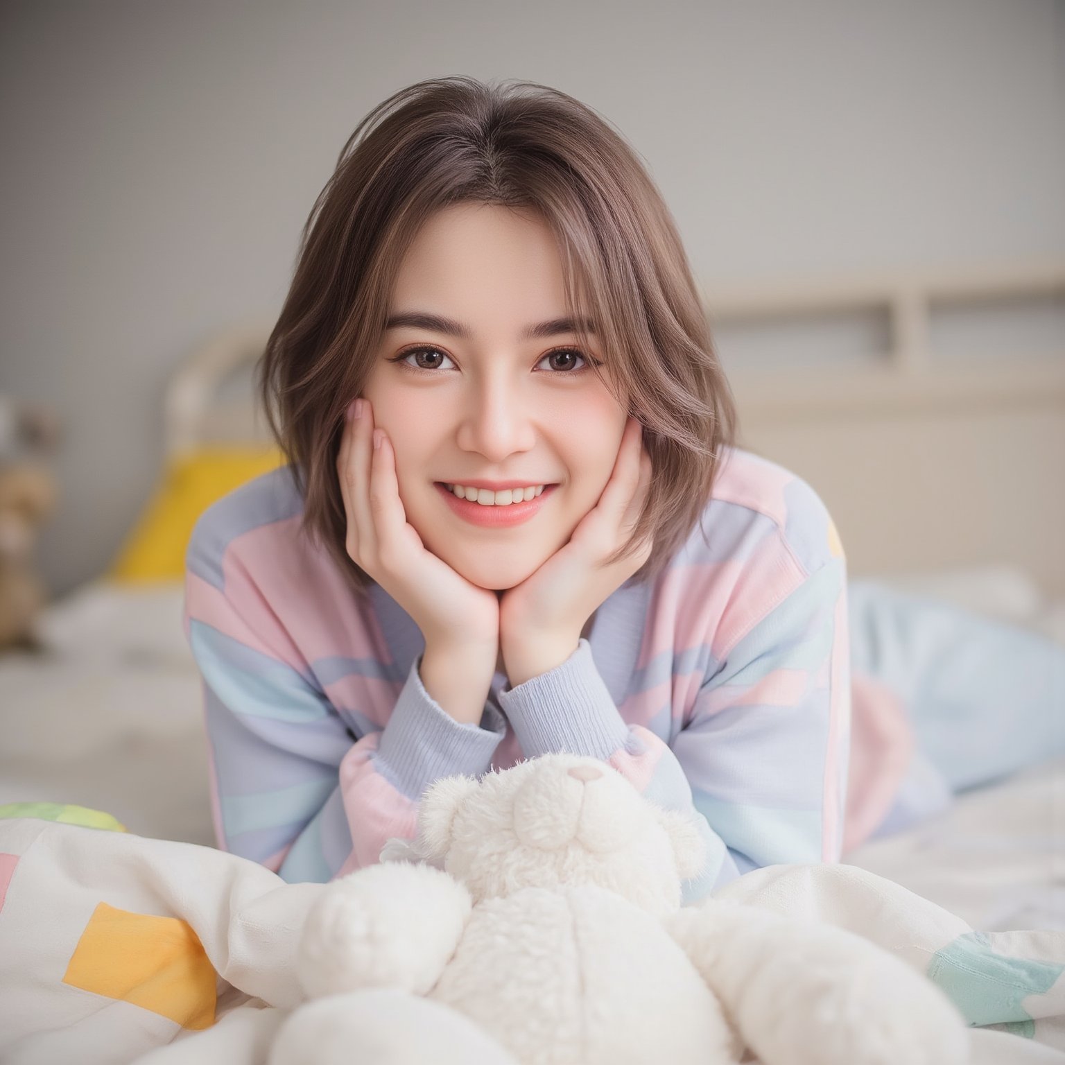 Thai girl, 24 years old with short light brown hair and gradients brown eyes is lying on a bed with her hands on her face. She is wearing a cottoncandy and blue striped sweater, and her hands are resting on her chin. She has a white teddy bear in her lap, and a white blanket draped over her. The blanket is adorned with a variety of colors, including yellow, green, orange, and pink. She is smiling. The backdrop is blurred, with a teddy in the background, blurry_foreground 