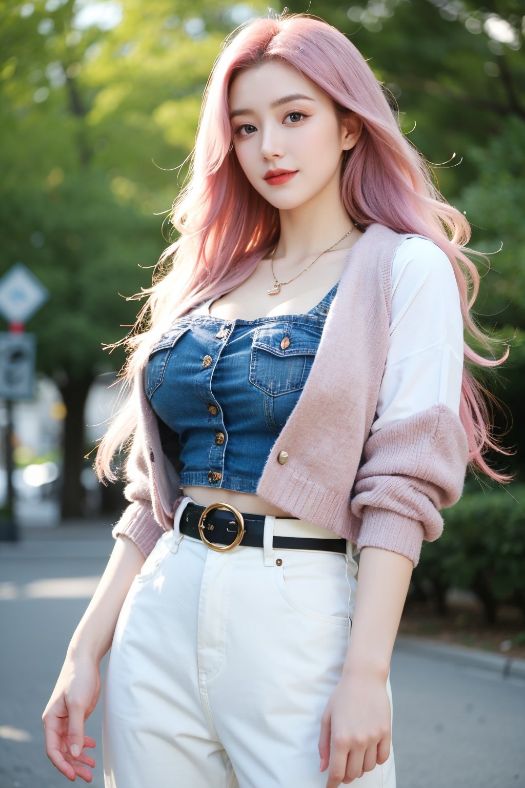 A young woman with vibrant pink hair and long locks framing her heart-shaped face. She gazes directly at the viewer, a warm smile spreading across her closed-mouthed lips. Her green eyes sparkle as she wears a white shirt with a jacket open to reveal a belt and necklace. A bag slung over her shoulder, she stands confidently, her denim jacket worn over a blue one, creating a sense of depth and texture in the blurred background.,Xyunxiao,(big breasts:1.39),