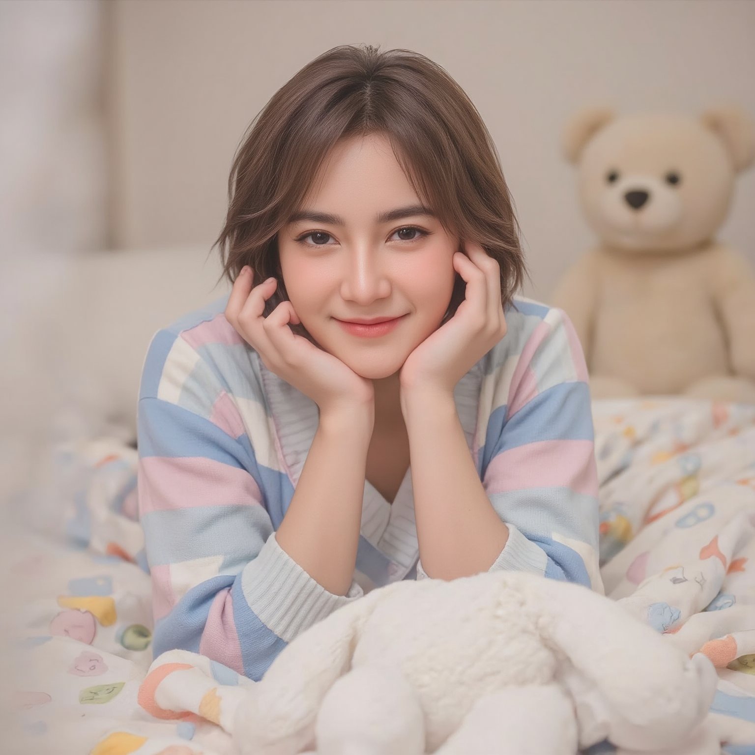 Thai girl, 24 years old with short light brown hair and gradients brown eyes is lying on a bed with her hands on her face. She is wearing a cottoncandy and blue striped sweater, and her hands are resting on her chin. She has a white teddy bear in her lap, and a white blanket draped over her. The blanket is adorned with a variety of colors, including yellow, green, orange, and pink. She is smiling. The backdrop is blurred, with a teddy in the background, blurry_foreground 