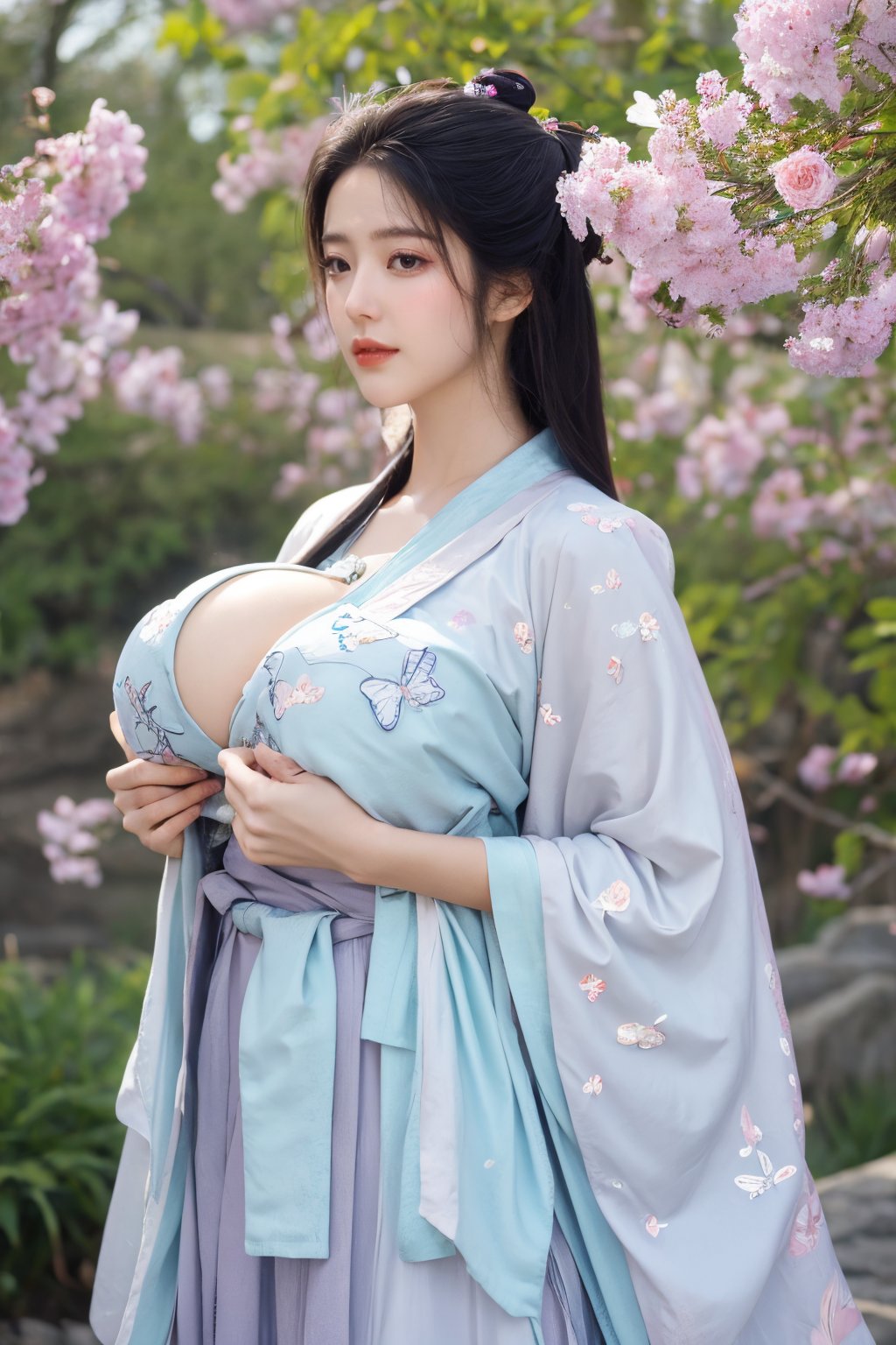 (masterpiece, best quality:1.2), highres, extremely detailed, 1girl, purple hair, eye highlights,BREAK,(light color hanfu dress:1.39), frills, outdoors, flower, fluttering petals, upper body, depth of field,pastel color, Depth of field,(garden of the sun,shiny,flowers, garden, 1girl, butterfly style, butterflies:1.23), ultra detailed, glary,Light, light particles,glitter,reflect,(big breasts:1.69),Xyunxiao,(full moon:1.39),waterfall 