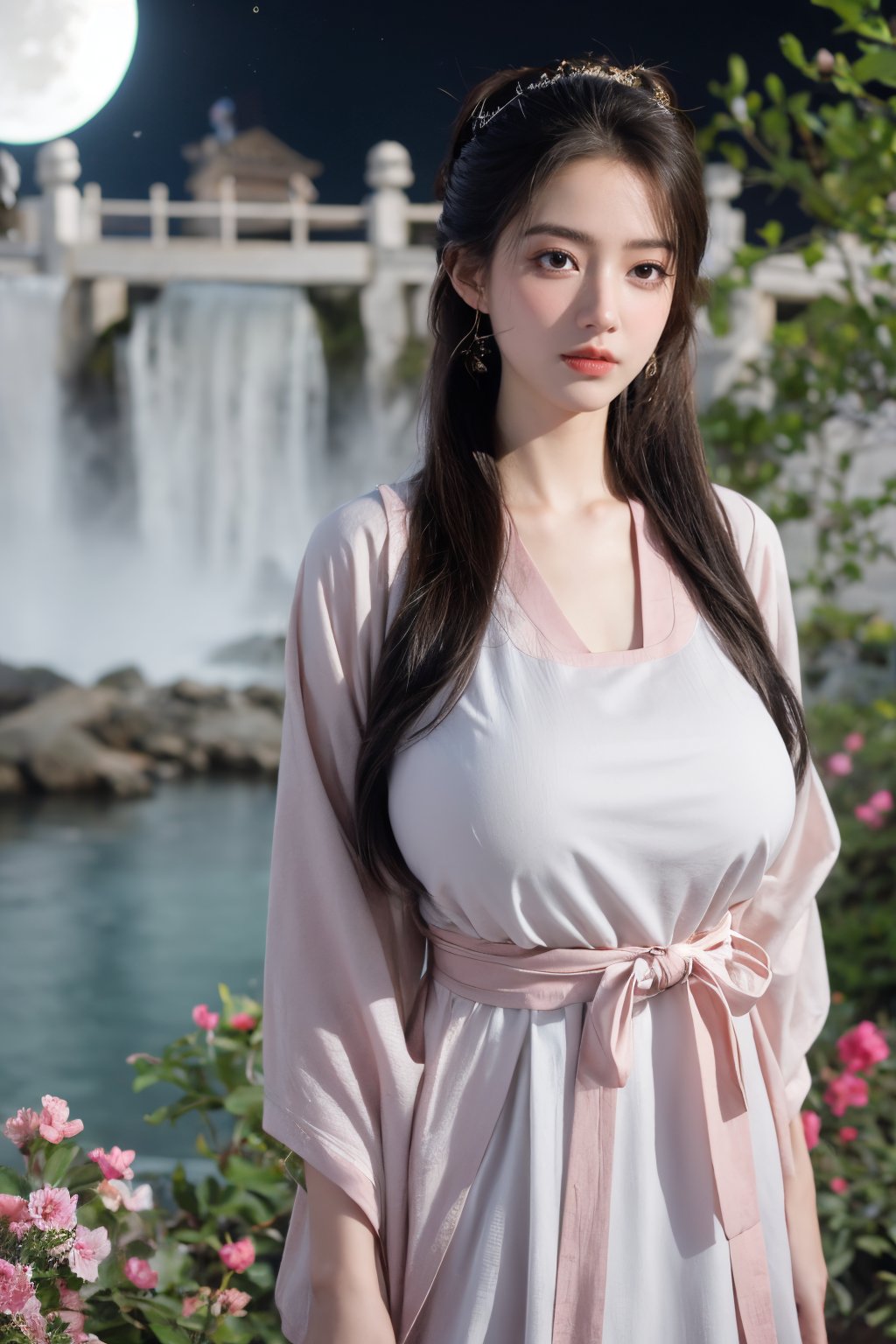 (masterpiece, best quality:1.2), highres, extremely detailed, 1 girl, very long hair, eye highlights,BREAK,(red hanfu dress:1.39), frills, outdoors, flower, fluttering petals, upper body, depth of field,pastel color, Depth of field,garden of the sun,shiny,flowers, garden, 1girl, butterfly style, butterflies, ultra detailed, glary,Light, light particles,glitter,reflect,,(big breasts:1.65),Xyunxiao,(full moon:1.39),waterfall 