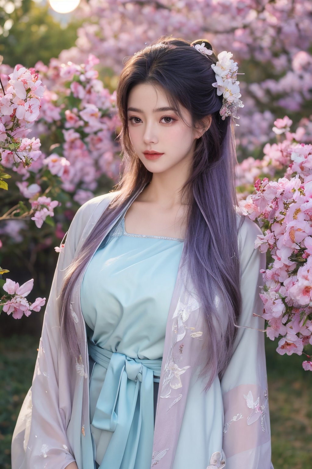 (masterpiece, best quality:1.2), highres, extremely detailed, 1girl, purple hair, eye highlights,BREAK,(light color hanfu dress:1.39), frills, outdoors, flower, fluttering petals, upper body, depth of field,pastel color, Depth of field,(garden of the sun,shiny,flowers, garden, 1girl, butterfly style, butterflies:1.23), ultra detailed, glary,Light, light particles,glitter,reflect,(big breasts:1.69),Xyunxiao,(full moon:1.39),waterfall 