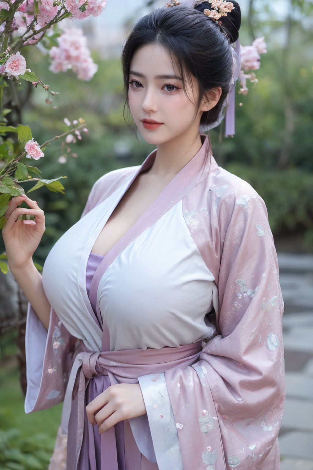 (masterpiece, best quality:1.2), highres, extremely detailed, 1 girl, purple hair, eye highlights,(light red hanfu dress:1.29), frills, outdoors, flower, fluttering petals, upper body, depth of field,pastel color, Depth of field,garden of the sun,shiny,flowers, garden, 1girl, butterfly style, butterflies, ultra detailed, glary,Light, light particles,glitter,reflect,,(big breasts:1.6),Xyunxiao,(full moon:1.29),waterfall 