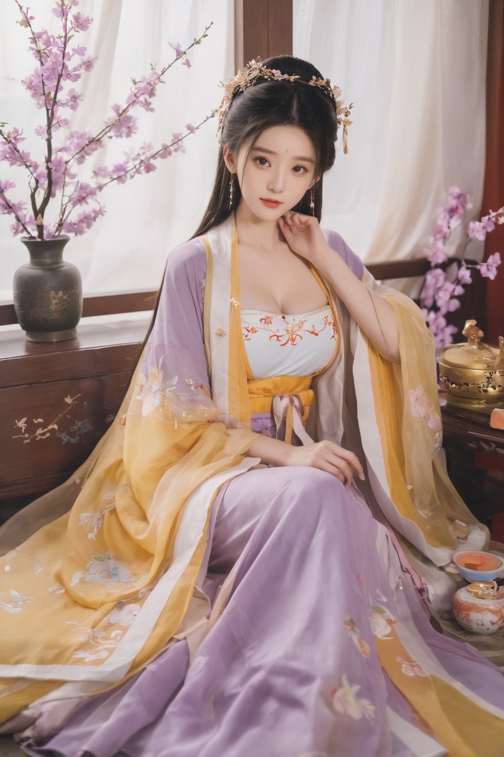 (masterpiece, best quality:1.2),1girl, solo, long hair, black hair,Hairpins,necklace, hair ornament, dress, full body, (huge breasts:2.29), (full breasts:1.69),flower, earrings, indoors, hair bun, (light purple|yellow dress:1.29),(Tube top Hanfu long skirt:1.1), pillow, bed, night, chinese clothes, table, branch,daxiushan, ,daxiushan style,(huge breasts:2.39), (full breasts:1.79), realistic,hanfu, daxiushan,Shoulders are exposed, , daxiushan, arien_hanfu, FilmGirl,,Xyunxiao,weijin_hanfu,Xningyudie