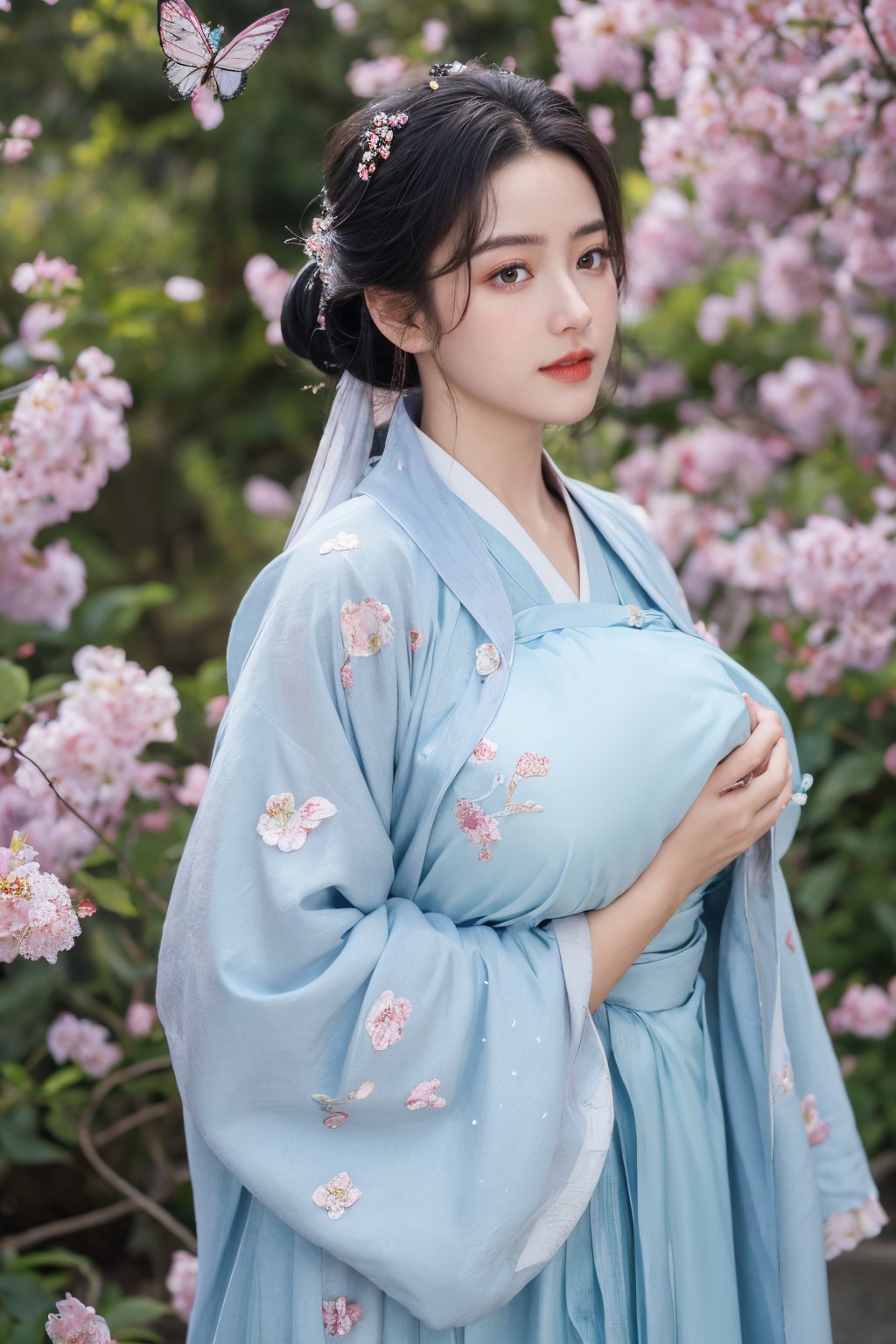 (masterpiece, best quality:1.2), highres, extremely detailed, 1girl, purple hair, eye highlights,BREAK,(light blue hanfu dress:1.39), frills, outdoors, flower, fluttering petals, upper body, depth of field,pastel color, Depth of field,(garden of the sun,shiny,flowers, garden, 1girl, butterfly style, butterflies:1.23), ultra detailed, glary,Light, light particles,glitter,reflect,(big breasts:1.69),Xyunxiao,(full moon:1.39),waterfall 