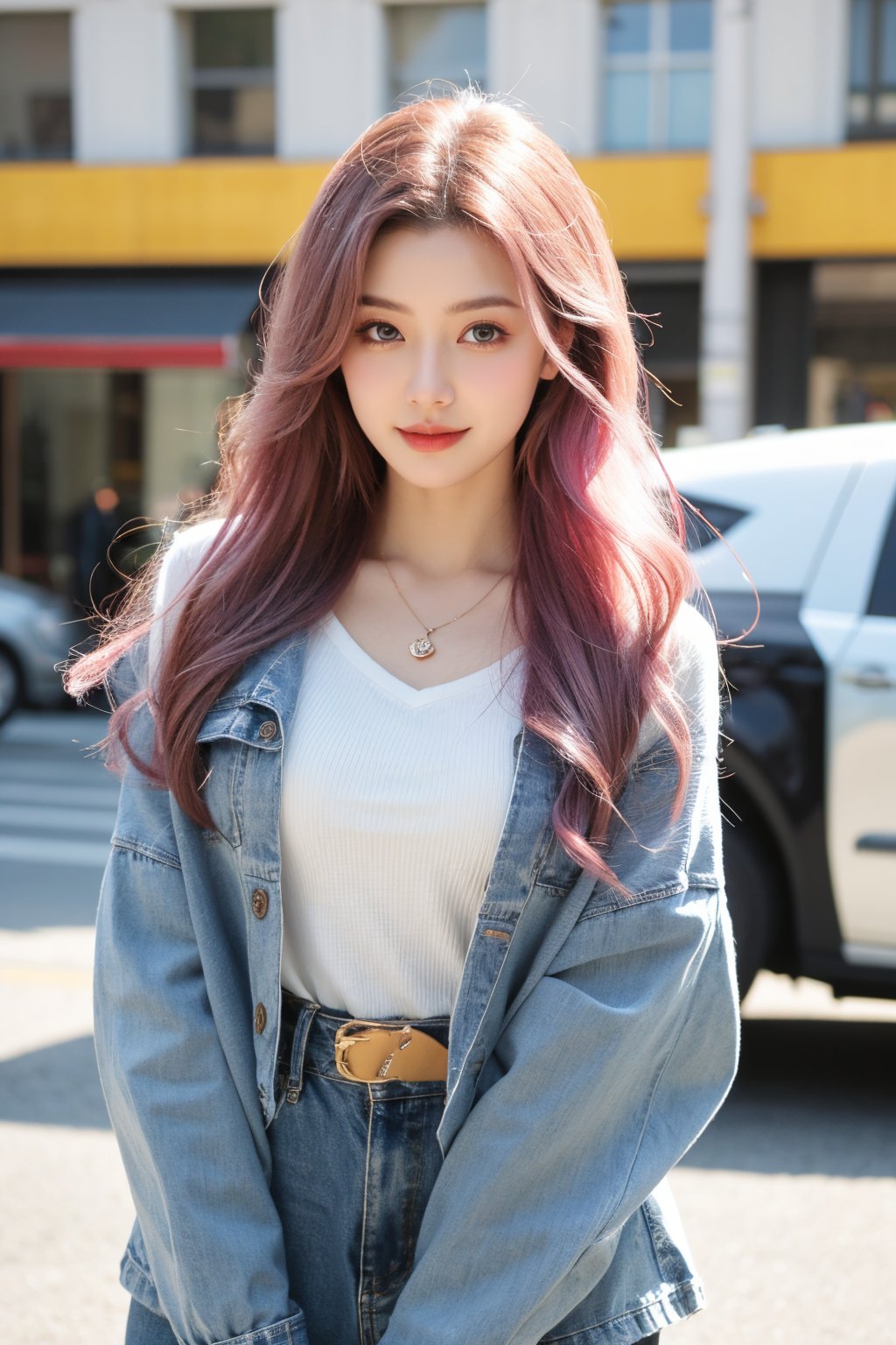 A young woman with vibrant pink hair and long locks framing her heart-shaped face. She gazes directly at the viewer, a warm smile spreading across her closed-mouthed lips. Her green eyes sparkle as she wears a white shirt with a jacket open to reveal a belt and necklace. A bag slung over her shoulder, she stands confidently, her denim jacket worn over a blue one, creating a sense of depth and texture in the blurred background.,Xyunxiao