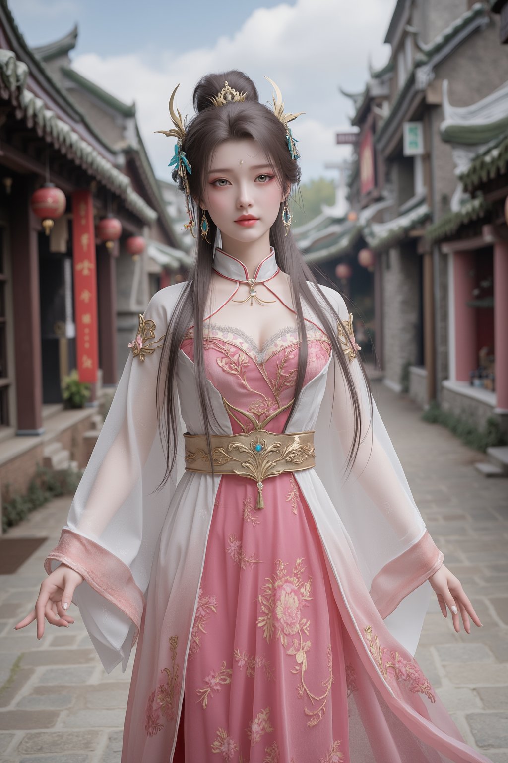 1girl,solo ,XxiaoxunerX,Hanfu girl, lotus, Yunnan ancient town street,Xqinhanfu,Xhuijin,Xhuolinger