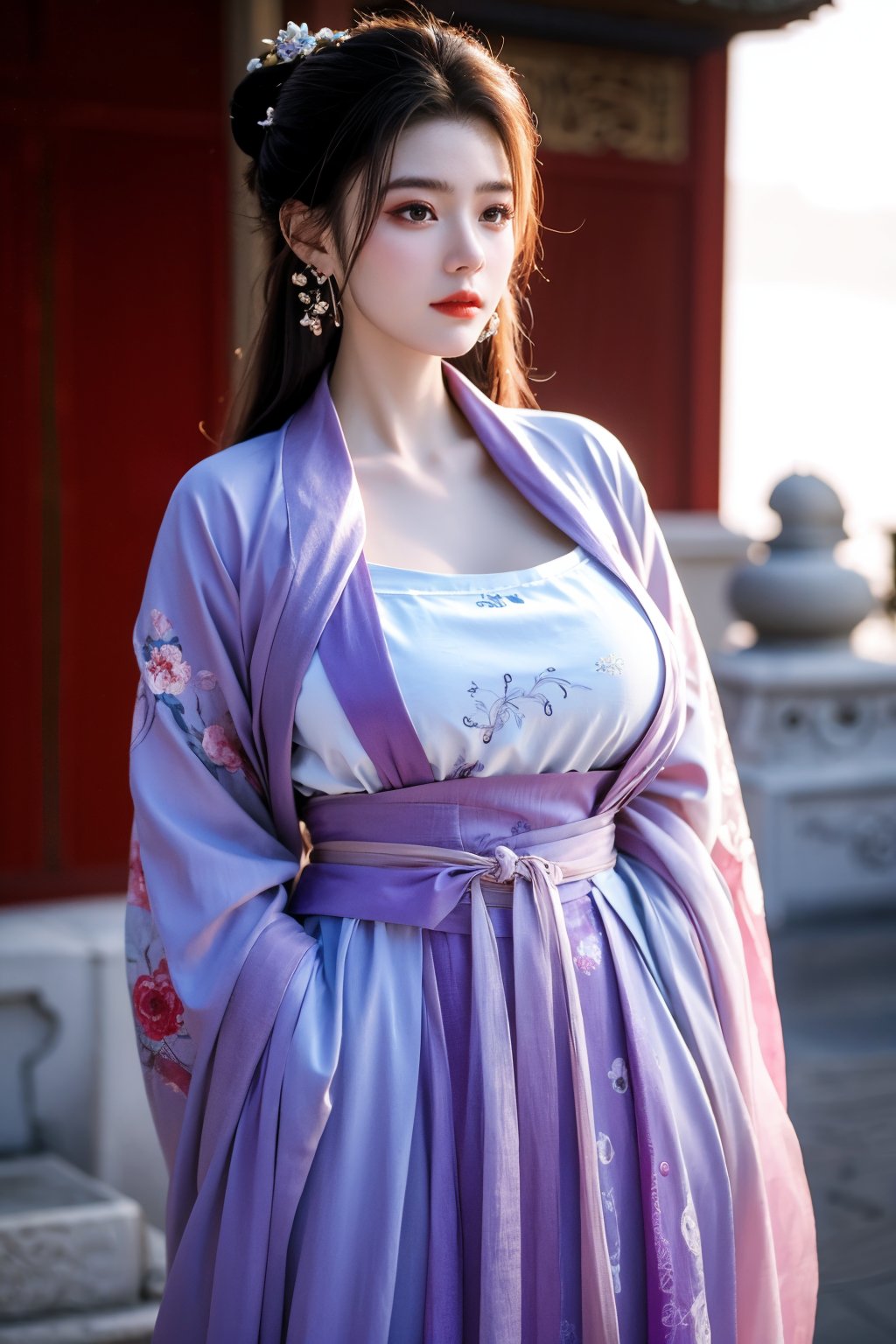 Masterpiece, Best Quality,young and beautiful Chinese girl wearing a cheongsam with coiled hair,wearing vintage Chinese earrings, (big breasts:1.39),1girl, half, (Masterpiece:1.2), best quality,arien_hanfu, 1girl, (pink flowers:1.29), (purple hanfu dress:1.29),looking_at_viewer, , (big breasts:1.53),Young beauty spirit,（The background is the Forbidden City1.39）,Xyunxiao