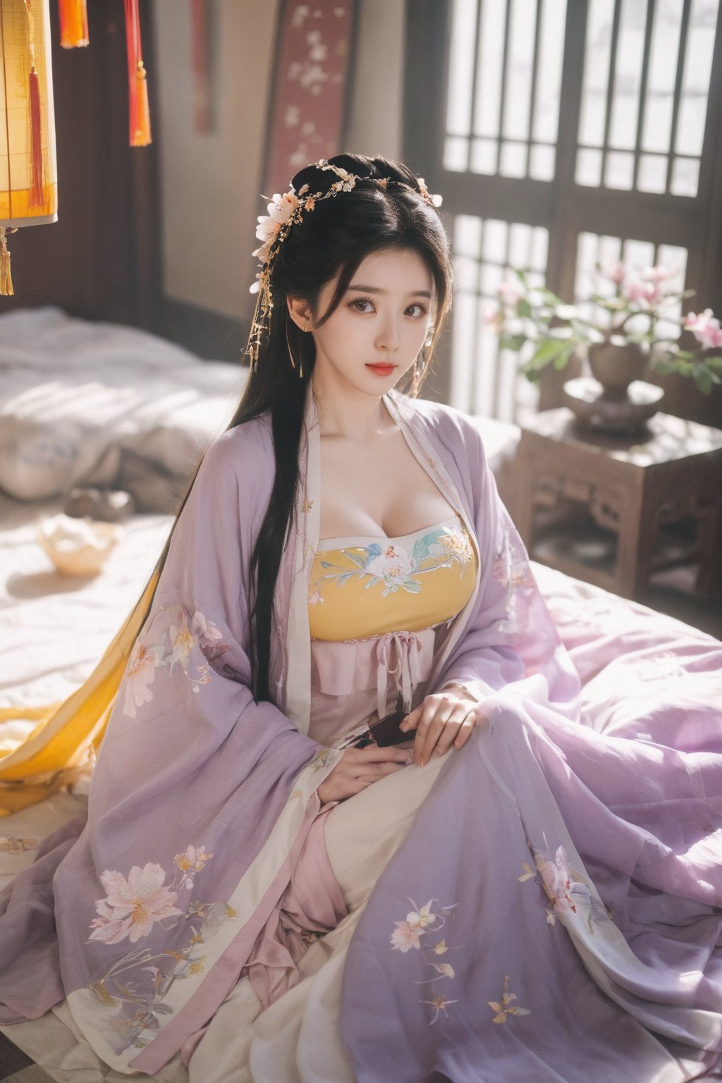 (masterpiece, best quality:1.2),1girl, solo, long hair, black hair,Hairpins,necklace, hair ornament, dress, full body, (huge breasts:2.29), (full breasts:1.69),flower, earrings, indoors, hair bun, (light purple-yellow dress:1.29),(Tube top Hanfu long skirt:1.1), pillow, bed, night, chinese clothes, table, branch,daxiushan, ,daxiushan style,(huge breasts:2.39), (full breasts:1.79), realistic,hanfu, daxiushan,Shoulders are exposed, , daxiushan, arien_hanfu, FilmGirl,,Xyunxiao,weijin_hanfu,Xningyudie