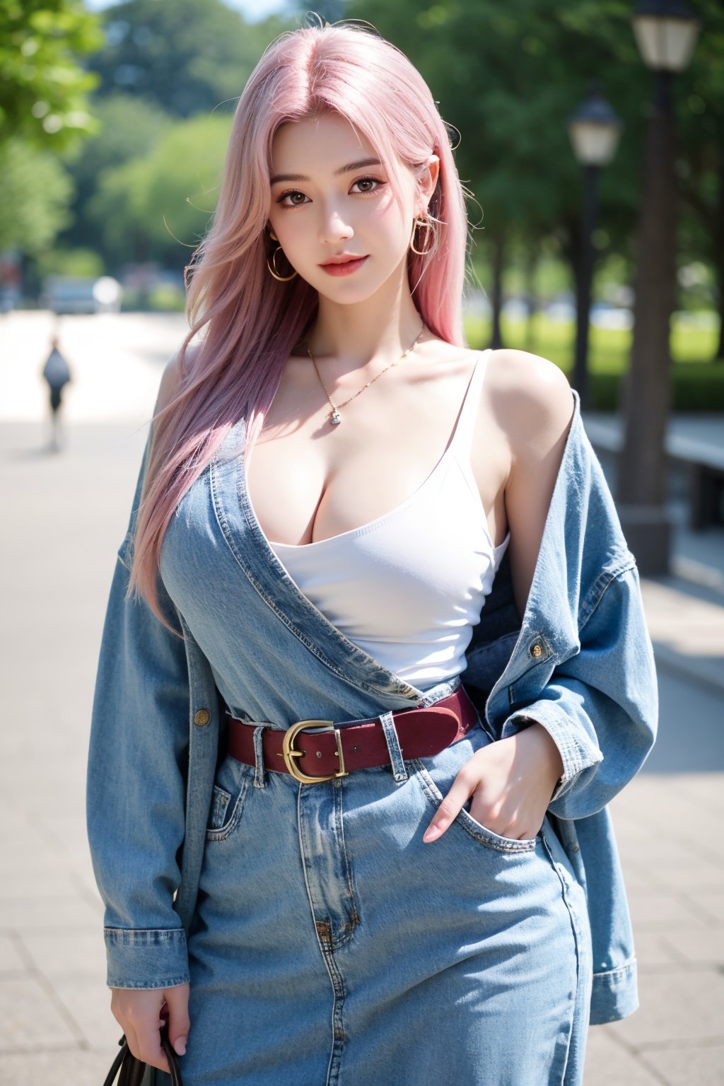 A young girl with vibrant pink hair and long locks framing her heart-shaped face. She gazes directly at the viewer, a warm smile spreading across her closed-mouthed lips. Her green eyes sparkle as she wears a white shirt with a jacket open to reveal a belt and necklace. A bag slung over her shoulder, she stands confidently, her denim jacket worn over a blue one, creating a sense of depth and texture in the blurred background.,Xyunxiao,(big breasts:1.69),Ziling