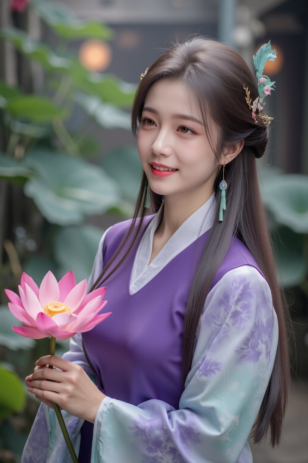 A school girl,solo ,XxiaoxunerX,purple Hanfu, lotus, Yunnan ancient town street