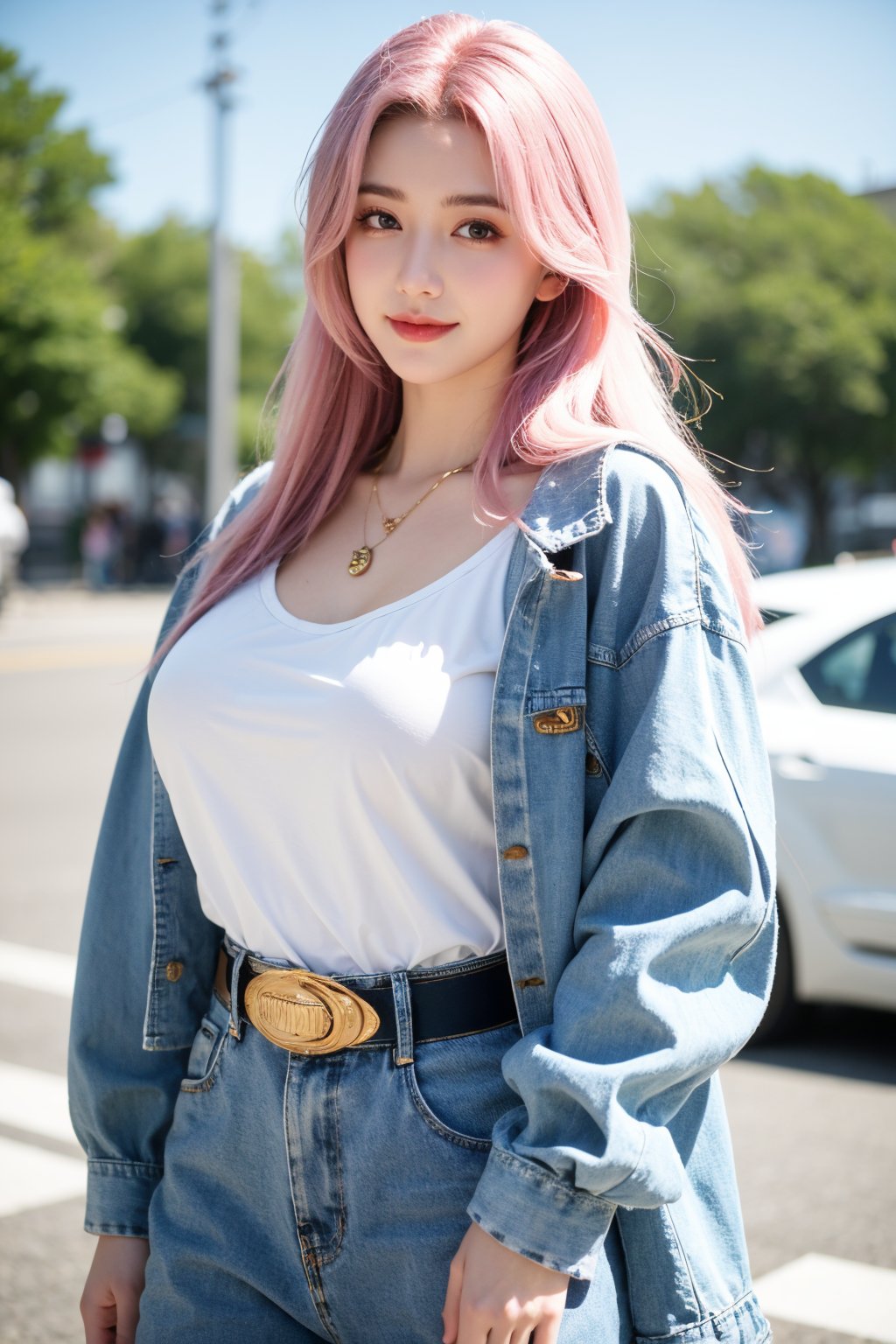 A young woman with vibrant pink hair and long locks framing her heart-shaped face. She gazes directly at the viewer, a warm smile spreading across her closed-mouthed lips. Her green eyes sparkle as she wears a white shirt with a jacket open to reveal a belt and necklace. A bag slung over her shoulder, she stands confidently, her denim jacket worn over a blue one, creating a sense of depth and texture in the blurred background.,Xyunxiao,(big breasts:1.39),