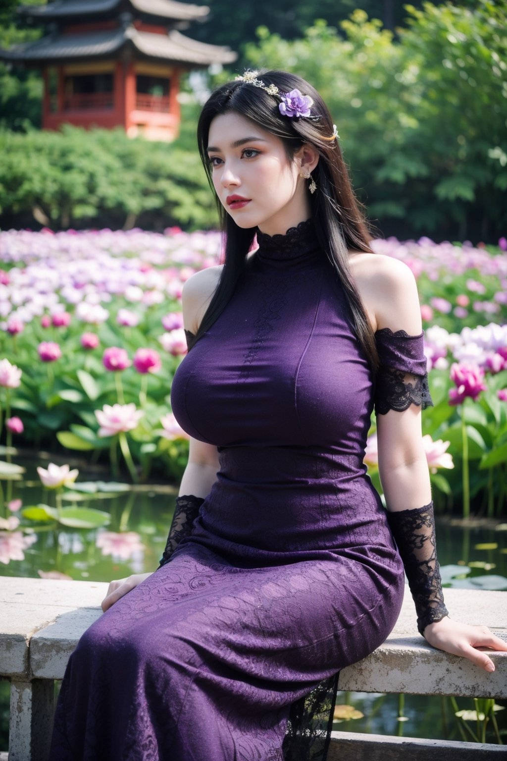 masterpiece,1girl,(mature female:0.5),tall body,golden proportions,(Kpop idol),(shiny skin:1.2),(oil skin:1.1),makeup,(close up),depth of field,(closed mouth:0.5),((long wavy purple hair)),(puffy eyes),(eyelashes:1.1),(parted lips:1.1),red lipstick,fantasy art style,dreamy light,(high neck purple wedding dress:1.59),(dark purple long wedding dress:1.39),(purple lace:1.36),(All clothes are purple:1.49),perfect body,(purple dreamy veil:1.3),(dusk:1.2),(princess shoes:1.1),(diamond necklace),(crystal hairpin),tyndall effect,highres,BREAK,(Sitting on a garden bench in a garden full of peony flowers, next to a lotus pond with ancient Chinese architecture in the background:1.49), (big breasts:2.33),(Lotus Pond,purple Flower:1.59)