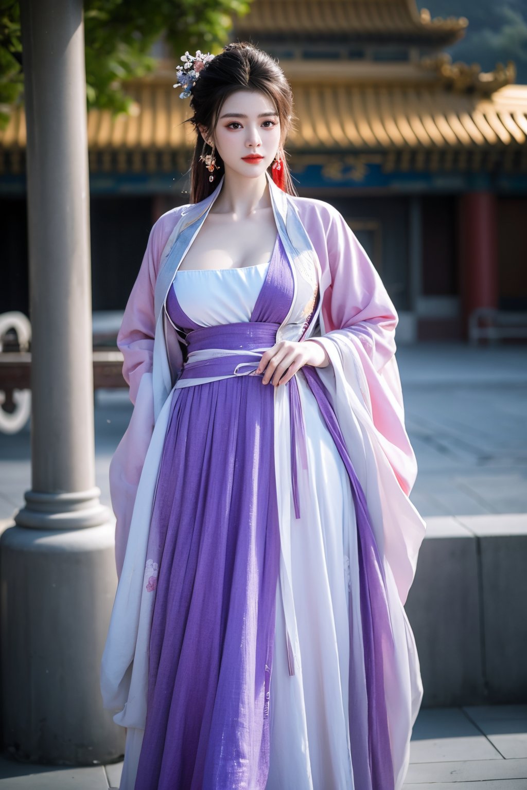 Masterpiece, Best Quality,young and beautiful Chinese girl wearing a cheongsam with coiled hair,wearing vintage Chinese earrings, (big breasts:1.52),1girl, half, (Masterpiece:1.2), best quality,arien_hanfu, 1girl, (pink flowers:1.29), (purple hanfu dress:1.29),looking_at_viewer, , (big breasts:1.53),Young beauty spirit,（The background is the Forbidden City1.39）,Xyunxiao