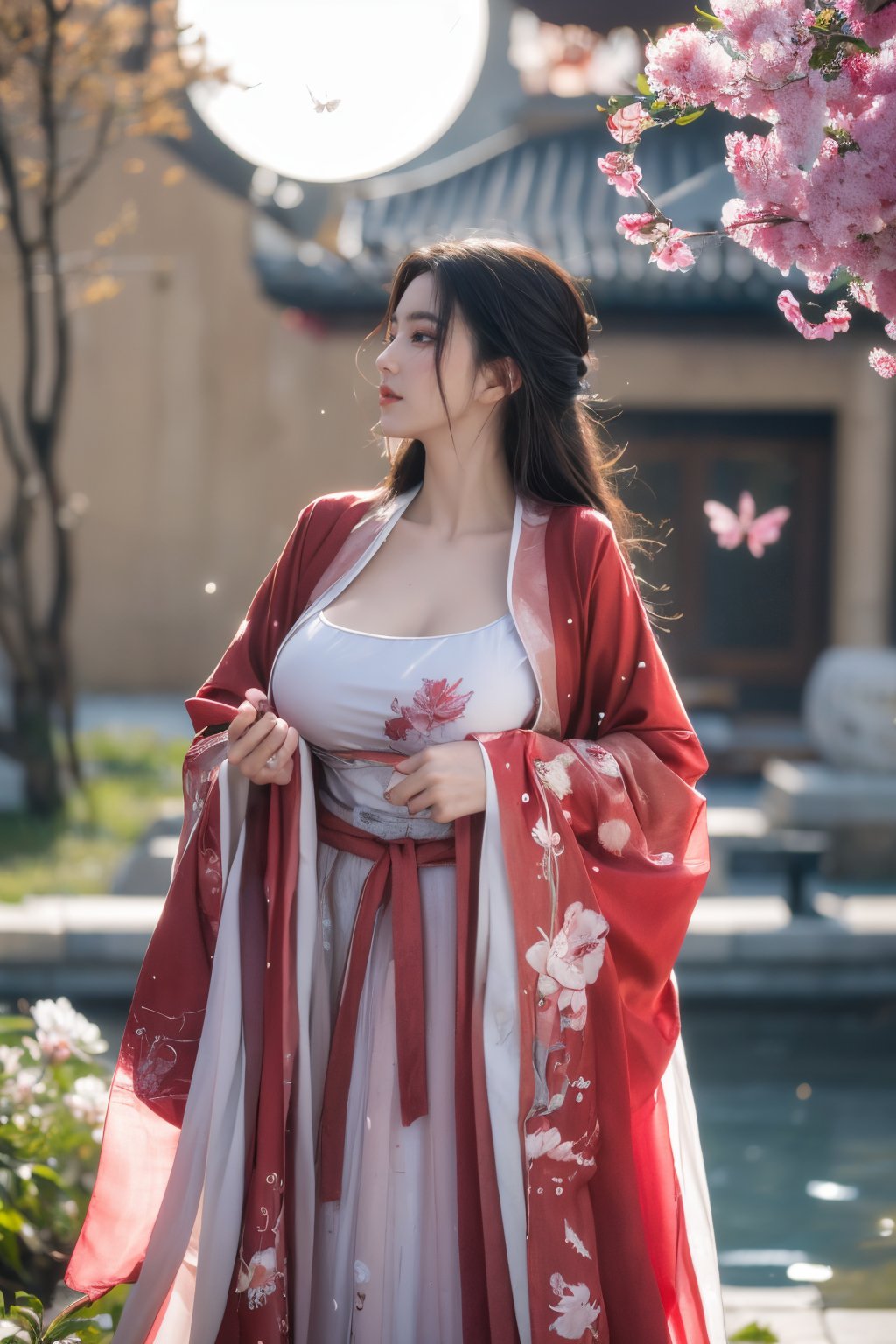 (masterpiece, best quality:1.2), highres, extremely detailed, 1 girl, very long hair, eye highlights,
BREAK,
(red hanfu dress:1.39), frills, outdoors, flower, fluttering petals, pefect body, depth of field,pastel color, Depth of field,garden of the sun,shiny,flowers, garden, 1girl, (butterfly style, butterflies:1.23), ultra detailed, glary,Light, light particles,glitter,reflect,,(big breasts:1.62),Xyunxiao,(full moon:1.39),