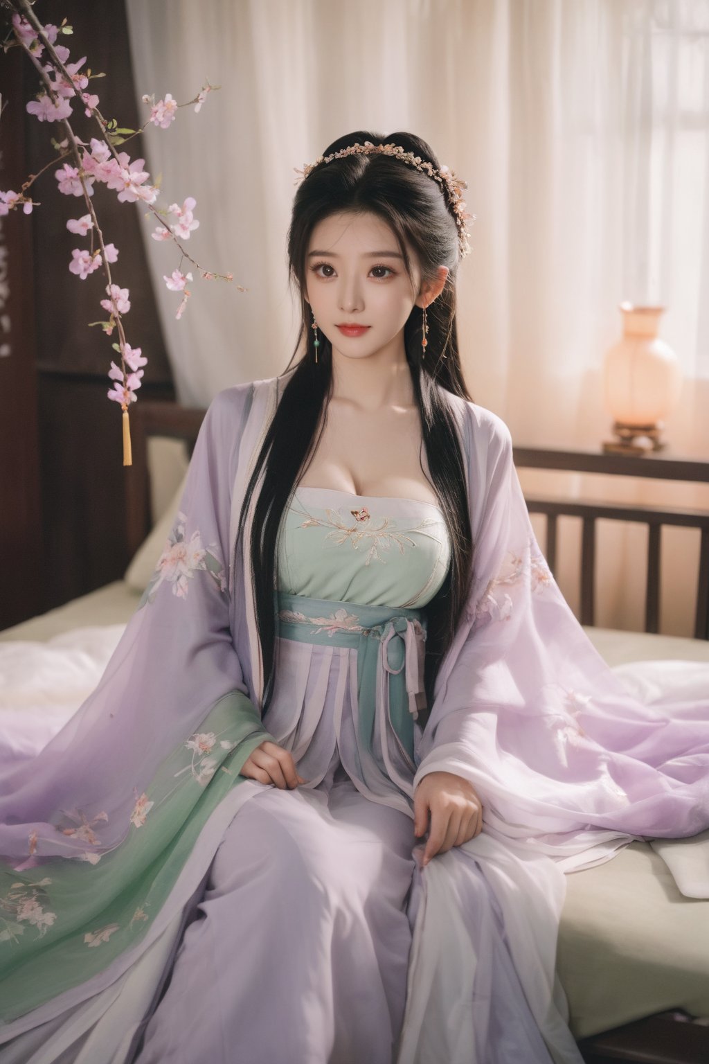 (masterpiece, best quality:1.2),1girl, solo, long hair, black hair,Hairpins,necklace, hair ornament, dress, full body, (huge breasts:2.19), (full breasts:1.69),flower, earrings, indoors, hair bun, (light purple-green dress:1.29),(Tube top Hanfu long skirt:1.1), pillow, bed, night, chinese clothes, table, branch,daxiushan, ,daxiushan style,(huge breasts:2.39), (full breasts:1.79), realistic,hanfu, daxiushan,Shoulders are exposed, , daxiushan, arien_hanfu, FilmGirl,,Xyunxiao,weijin_hanfu,Xningyudie