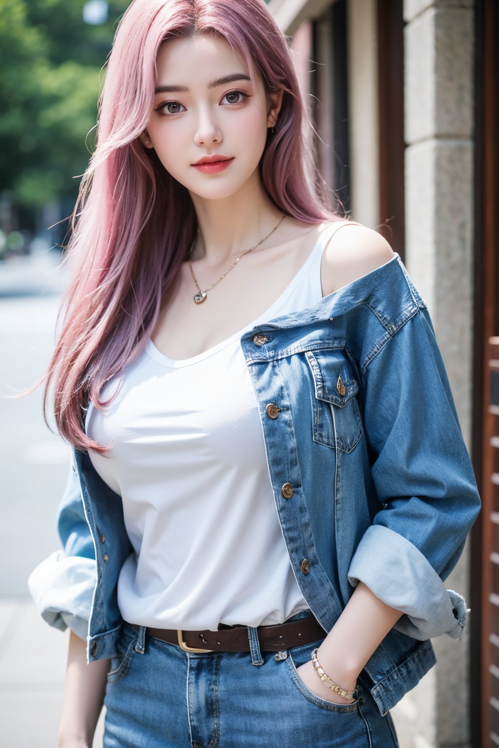 A young girl with vibrant pink hair and long locks framing her heart-shaped face. She gazes directly at the viewer, a warm smile spreading across her closed-mouthed lips. Her green eyes sparkle as she wears a white shirt with a jacket open to reveal a belt and necklace. A bag slung over her shoulder, she stands confidently, her denim jacket worn over a blue one, creating a sense of depth and texture in the blurred background.,Xyunxiao,(big breasts:1.59),Ziling