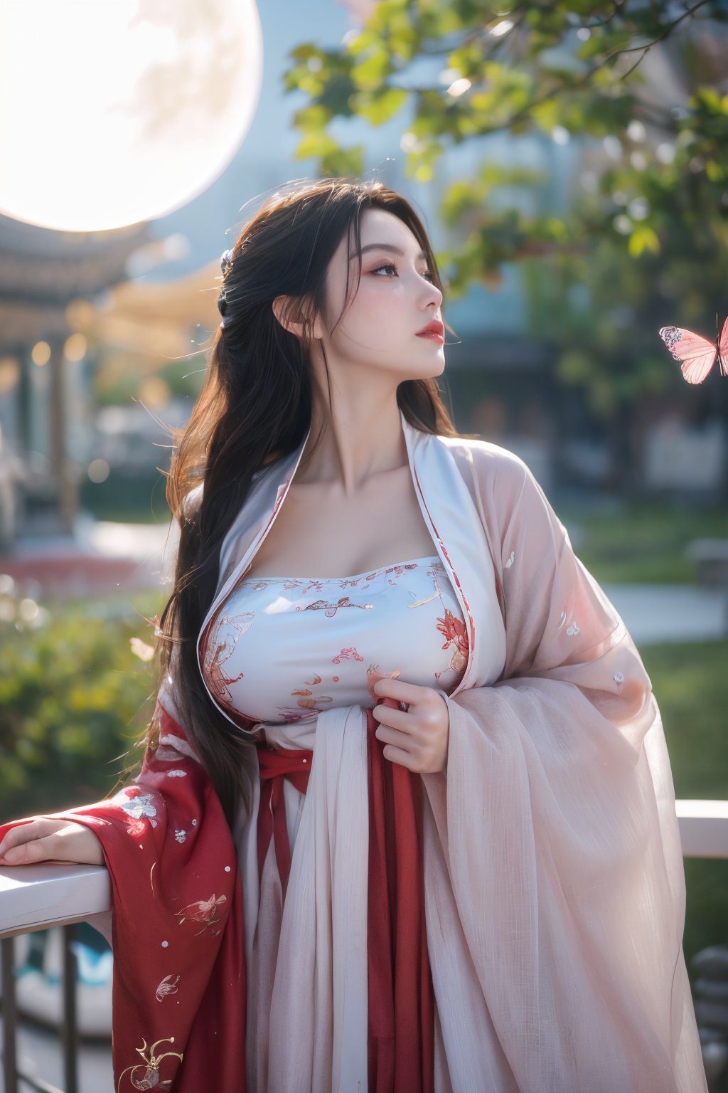 (masterpiece, best quality:1.2), highres, extremely detailed, 1 girl, very long hair, eye highlights,
BREAK,
(red hanfu dress:1.39), frills, outdoors, flower, fluttering petals, pefect body, depth of field,pastel color, Depth of field,garden of the sun,shiny,flowers, garden, 1girl, (butterfly style, butterflies:1.23), ultra detailed, glary,Light, light particles,glitter,reflect,,(big breasts:1.62),Xyunxiao,(full moon:1.39),